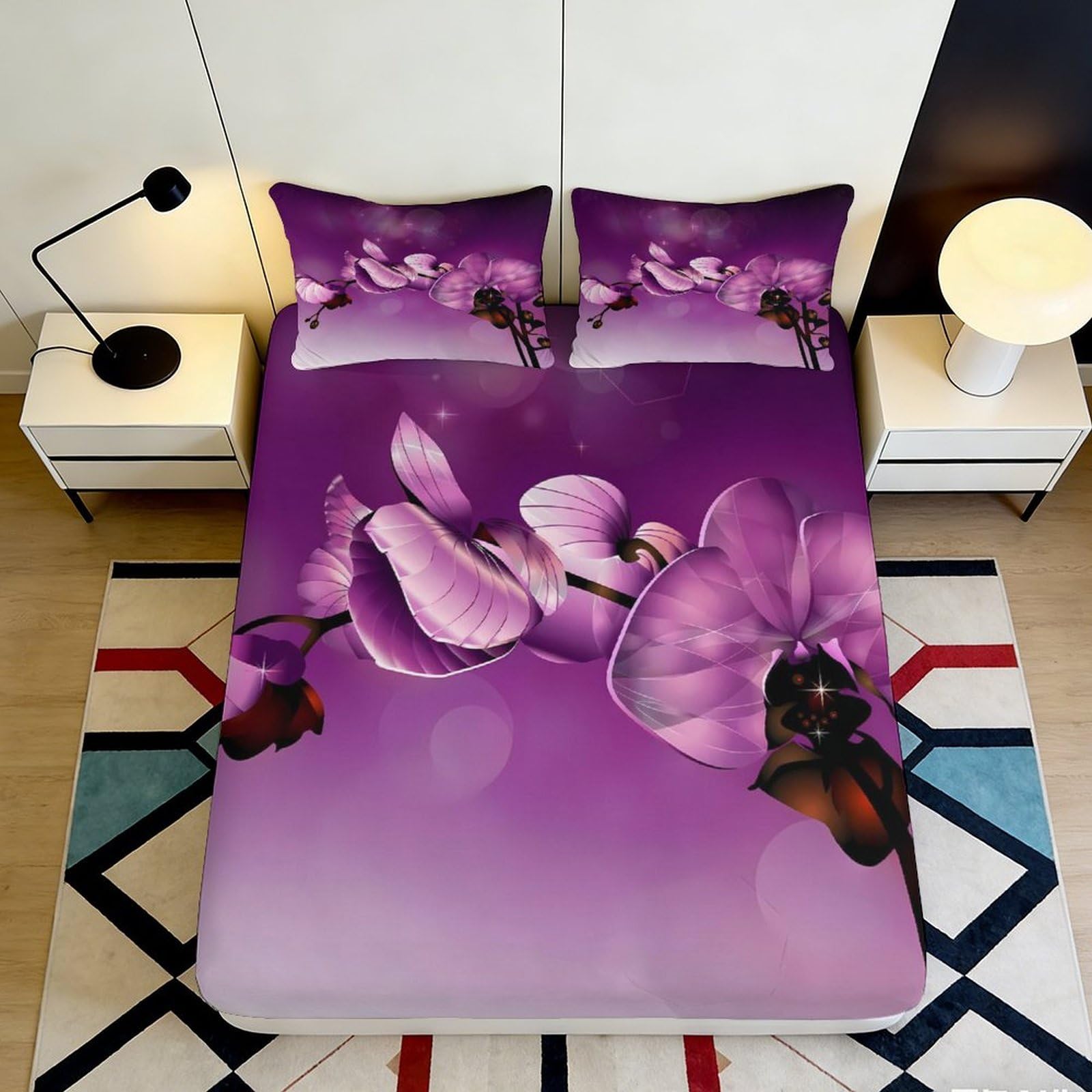 3D Printed Purple Orchid Fitted Sheet Microfiber Soft Breathable Floral Mattress Cover for Bedroom Guest Room Decor 180x200x25cm