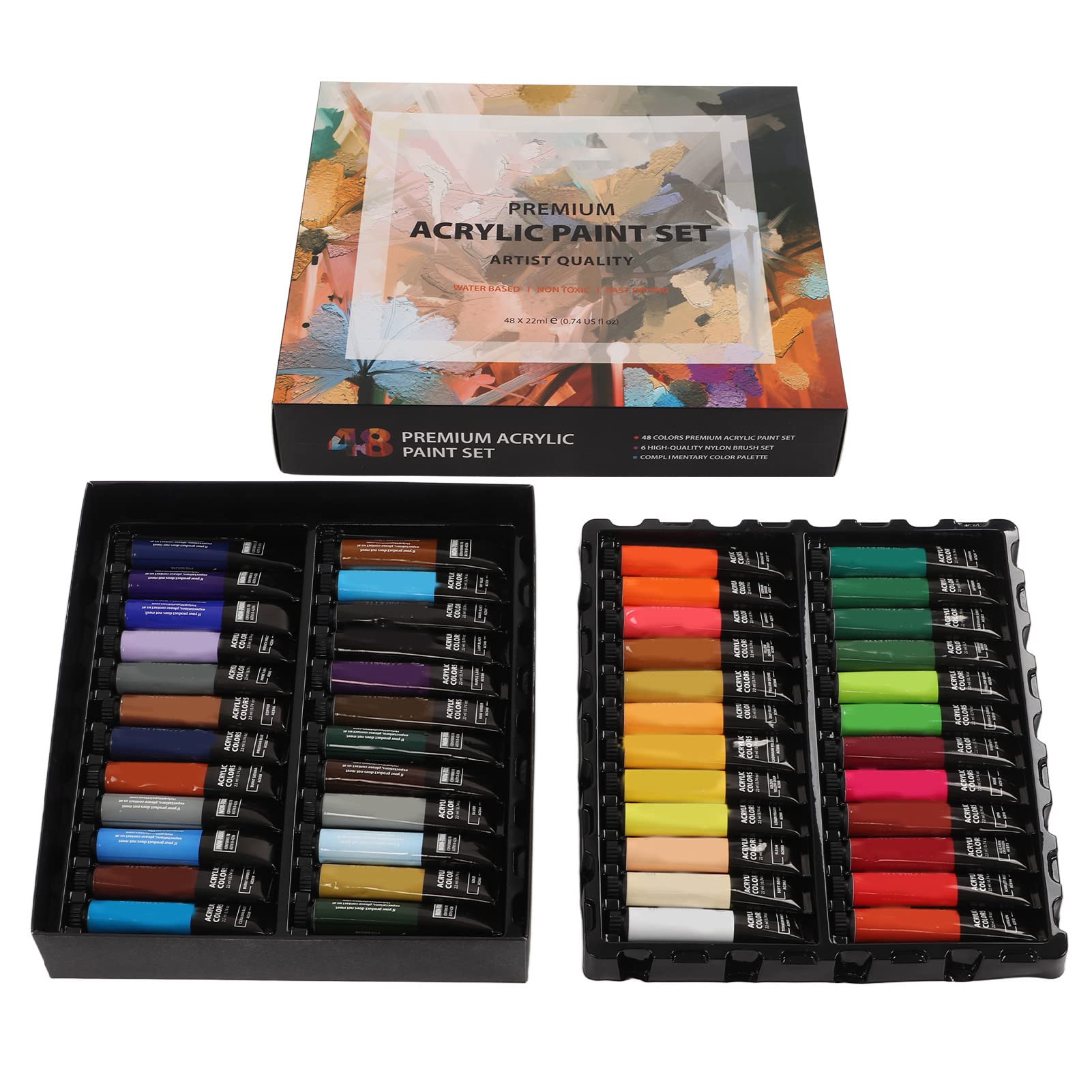 Gucagle Kit de pintura acrílica Juego de pintura de bricolaje artesanal profesional con 48 colores 6 pinceles 1 paleta para artistas principiantes adultos adolescentes proyectos de arte