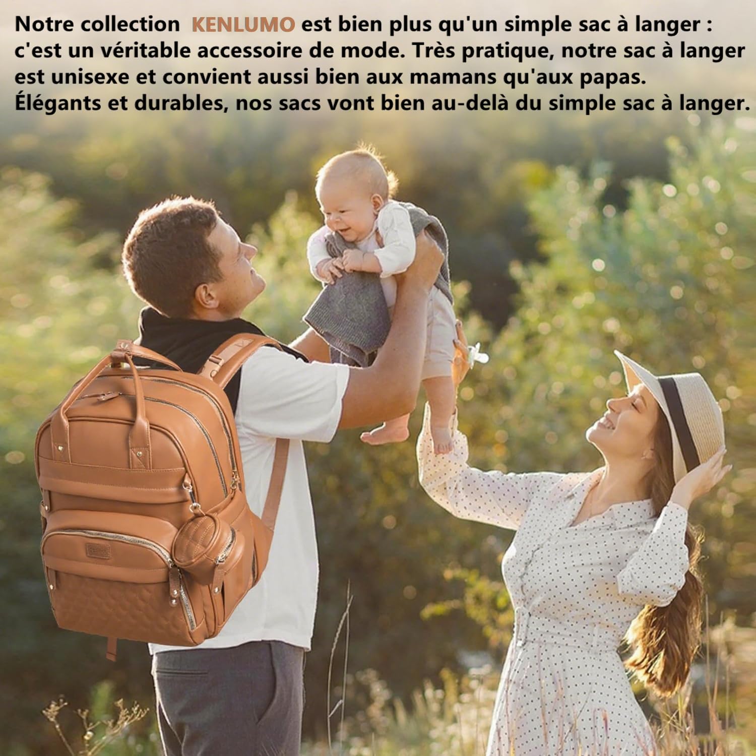 Sac à langer bébé, Sac à langer à dos portable, grande capacité, cuir déperlant, tapis à langer inclus, pare-soleil, porte tétine, sangles intégrées poussette