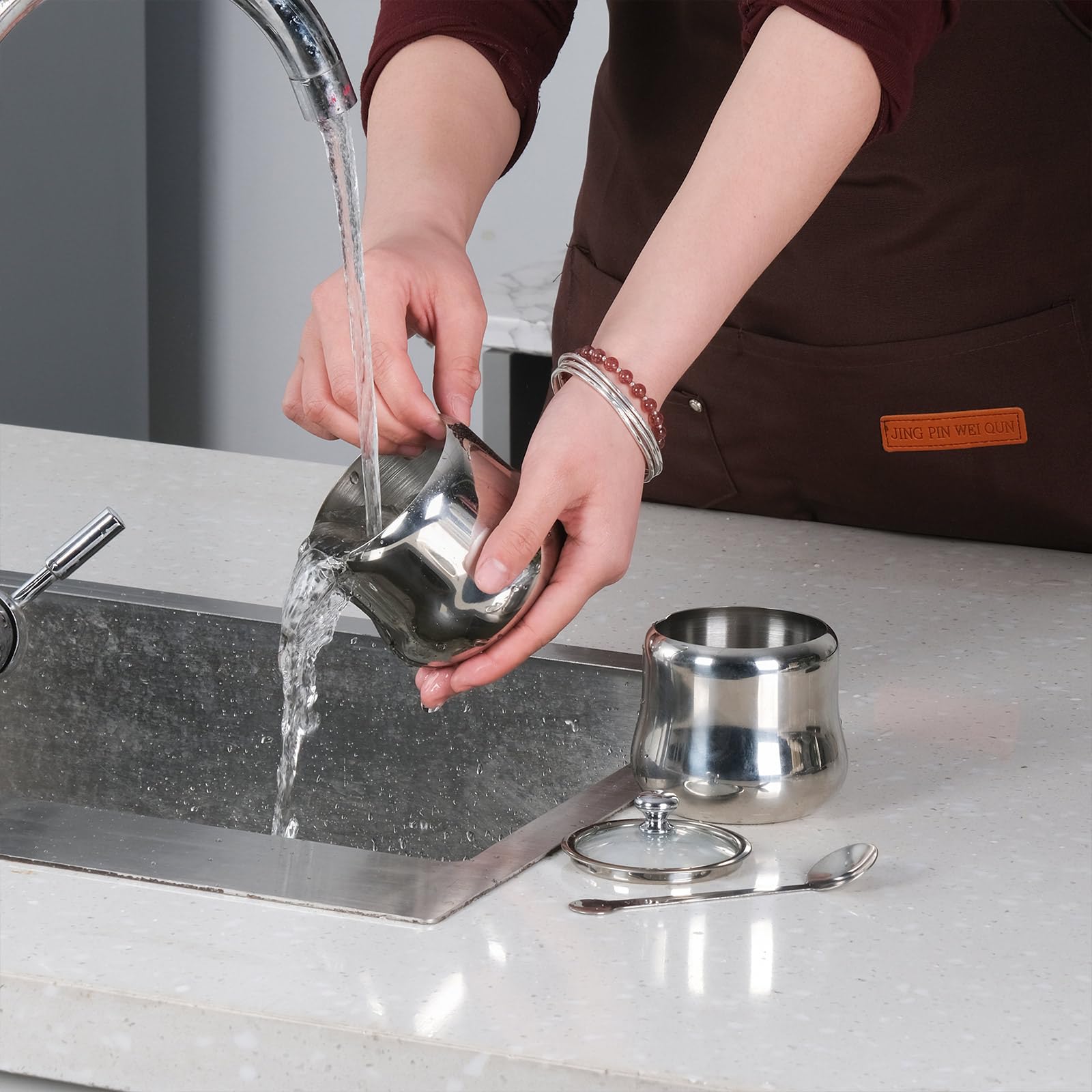 Azucarero decorativo de acero inoxidable de 12 onzas con cuchara y tapa de vidrio, pequeños tarros de especias para condimentos, olla de condimentos para cocina, mesa de café