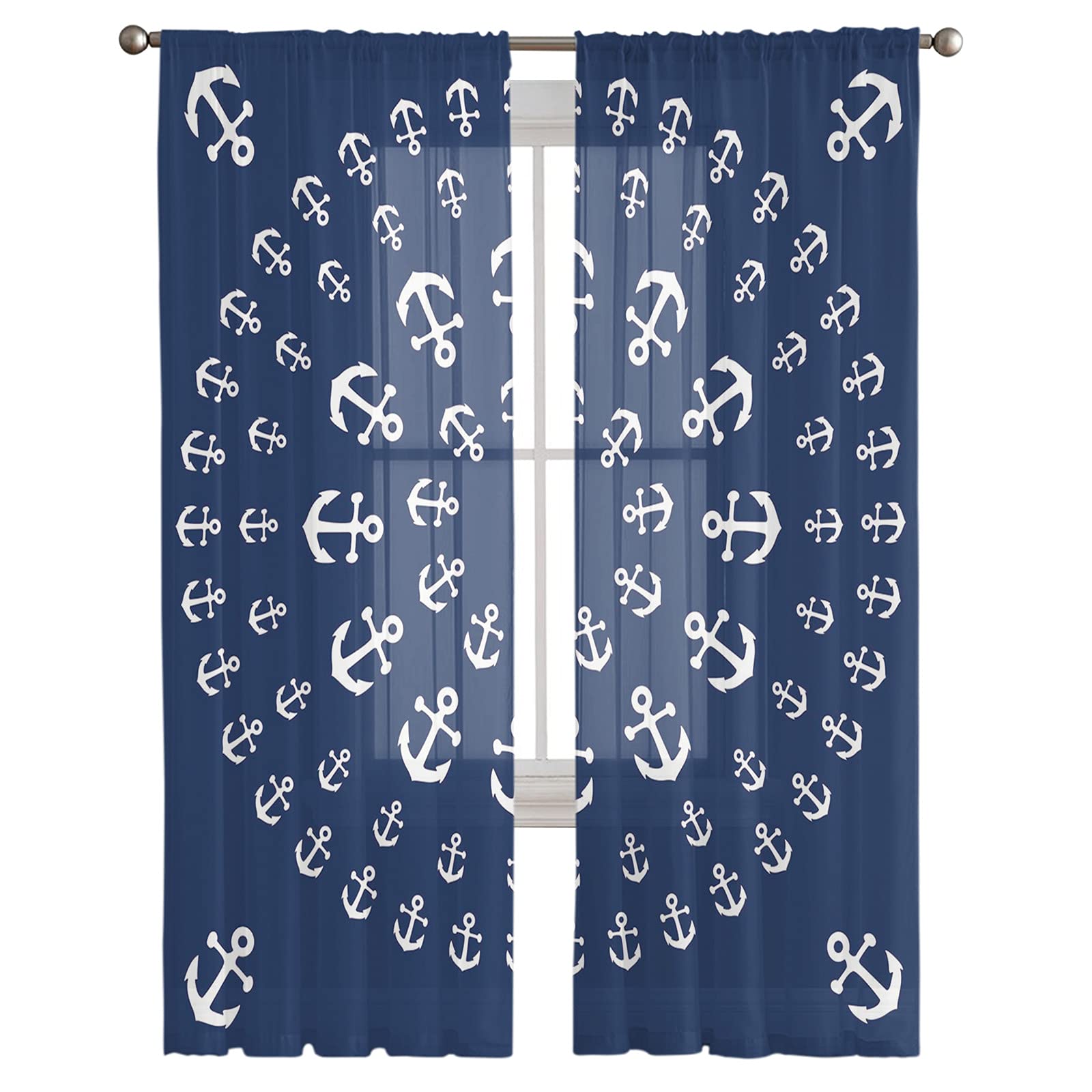 Sheer Curtain Panels Nautical Anchor Voile Window Curtain Chiffon Curtains Mandala Zentable Navy Blue Light Filtering Window Treatment Drape for Bedroom Living Room, 2 Panels 52x63in2