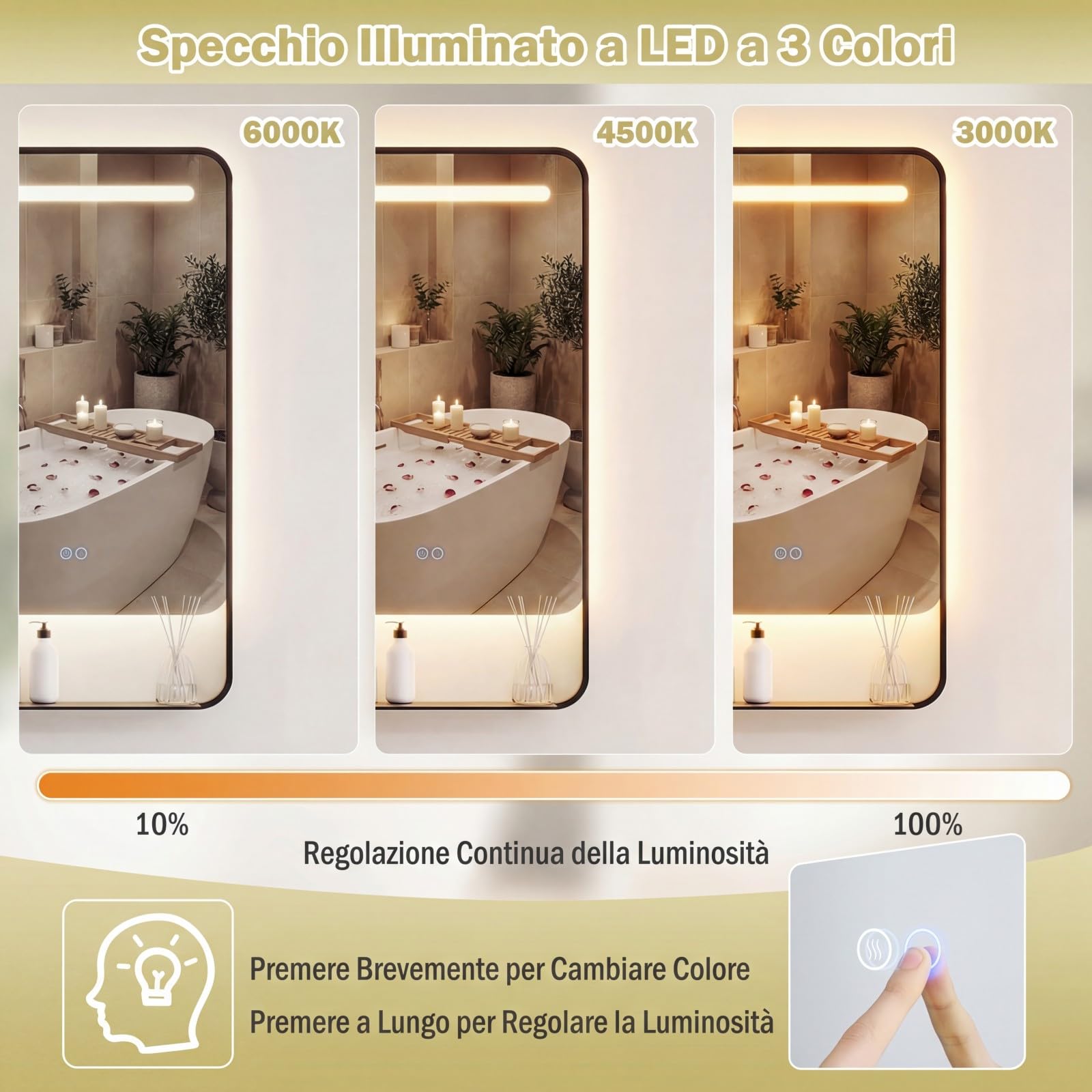 COSTWAY Specchio da Bagno LED 80 x 60 cm con Mensola, Specchio da Trucco con Cornice in Alluminio, Funzione Antiappannamento, 3 Colori di Luce e Luminosità Regolabile, Specchio da Parete