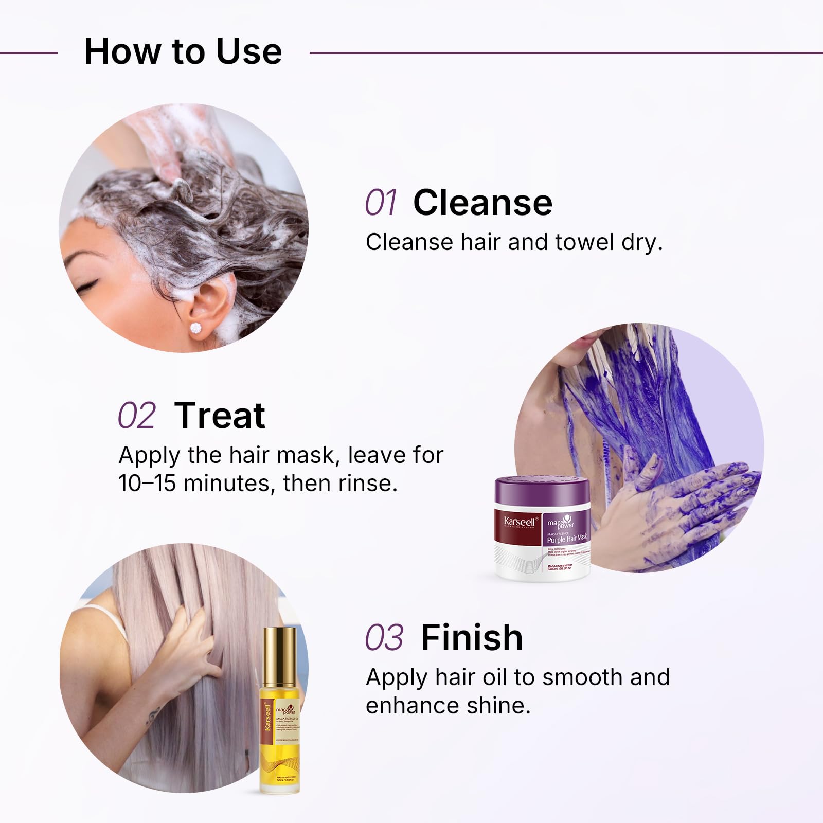Karseell Zestaw do włosów z maską fioletową i olejkiem, neutralizuje żółknięcie, naprawia uszkodzenia włosów dla włosów blond i siwych 50ml + 500ml