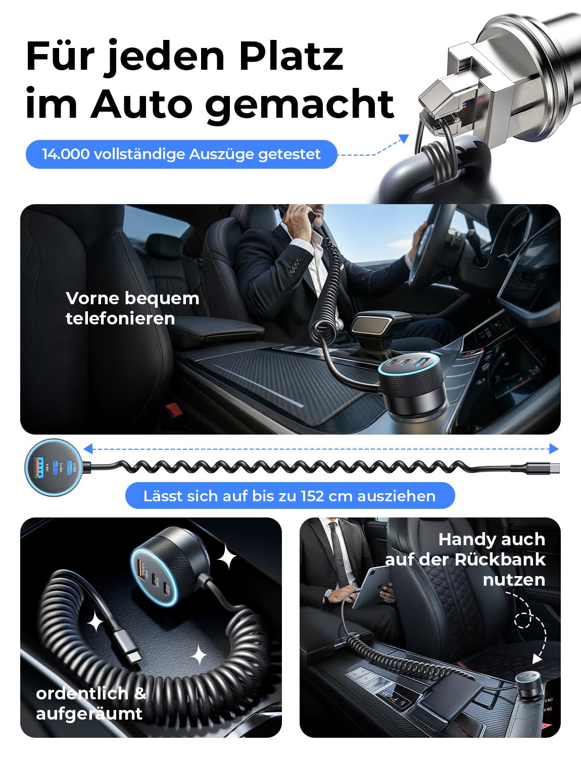 LISEN 90W USB C Auto Ladegerät Zigarettenanzünder, mit PD 45W USB C Spiralkabel, Hält den Auto Deko Innenraum ordentlich, Ideal zum Schnellladen 4 Geräten, für iPhone 17 Pro Max, MacBook Neo, Android
