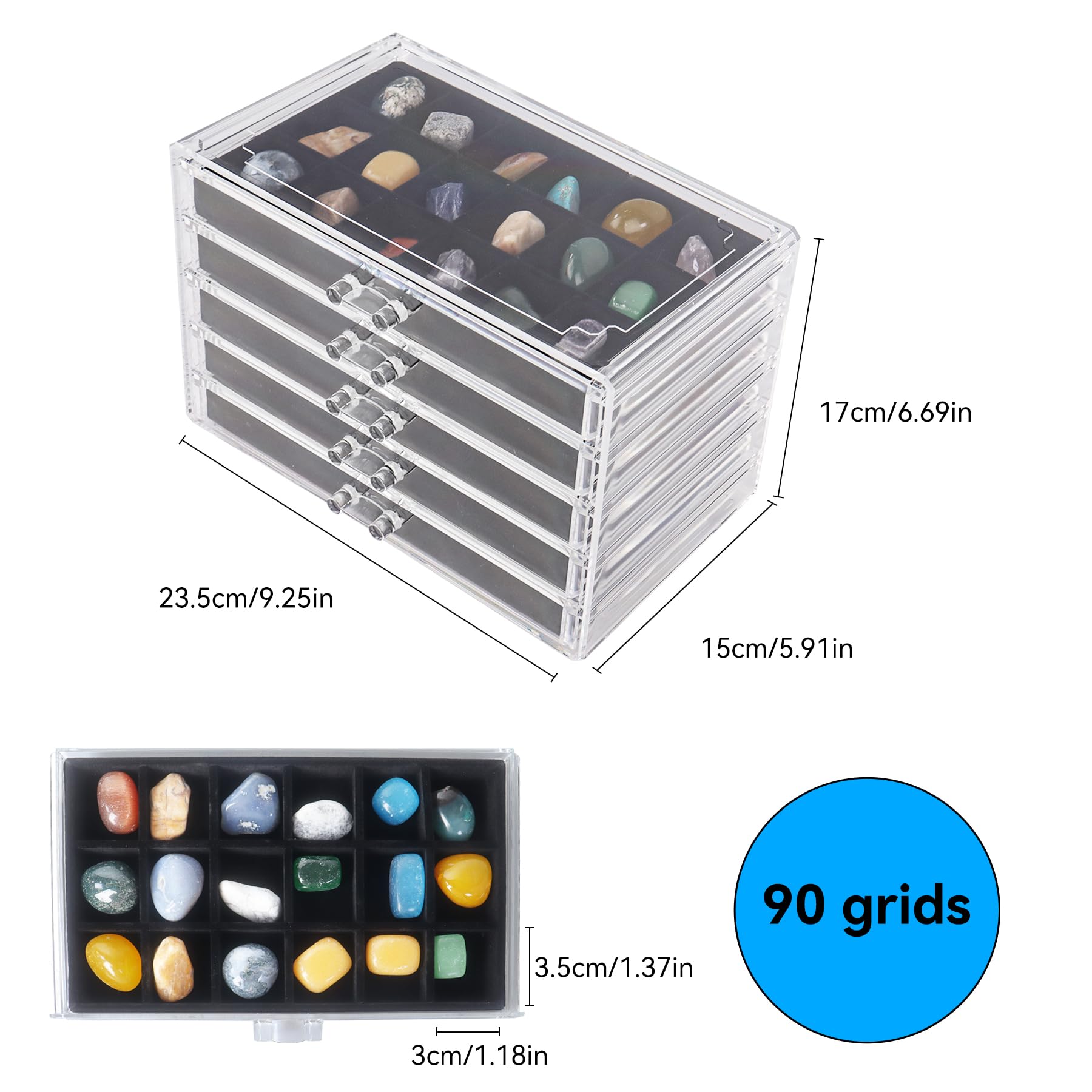 Vetrina per pietre, 5 cassetti, 90 scomparti, Box collezione Rock in acrilico, contenitore per piccole pietre, gemme, fossili, rocce preziose, collezione di gioielli (nero)