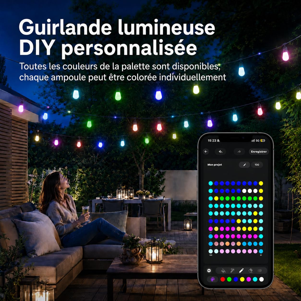 Guirlande lumineuse LED d'extérieur multicolore 15 m - 20 ampoules RVB S14 - Application intelligente avec 99 modes et minuterie (multicolore)