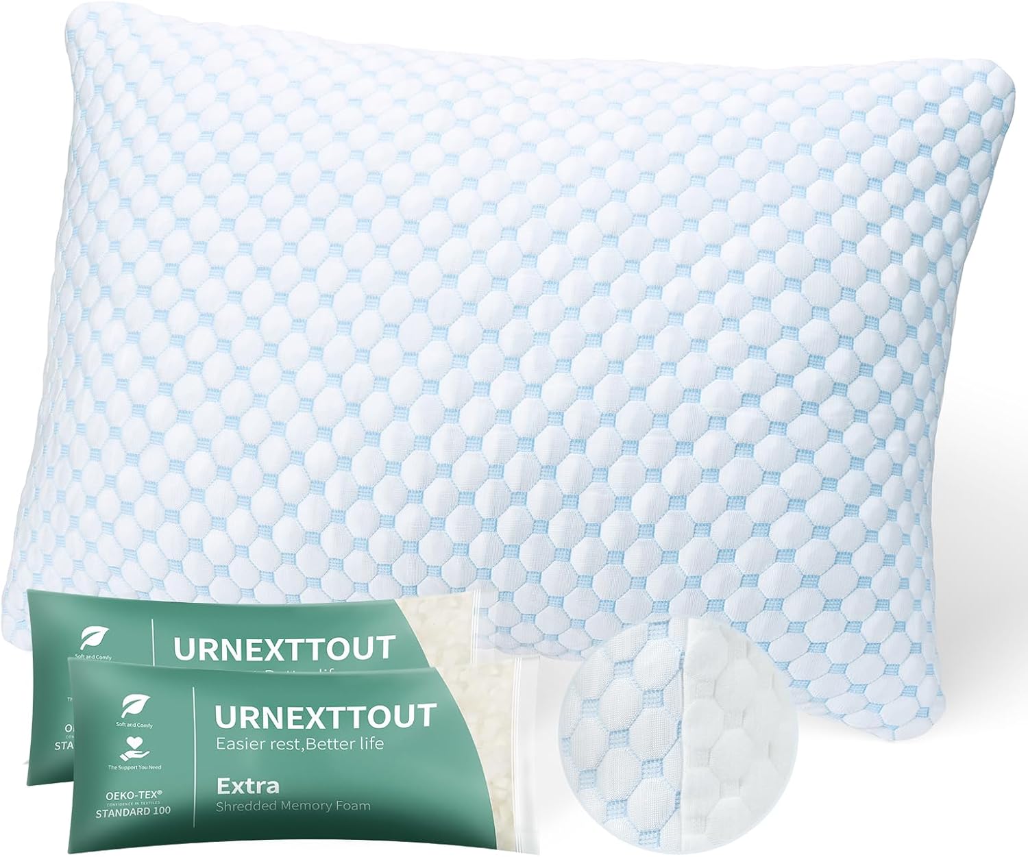 Shredded Memory Foam Pillows Pillow for Side Sleepers Cooling Pillows Stomach Sleeping Pillow Queen Pillow with 2 Extra FillBlue Queen A- Blue White