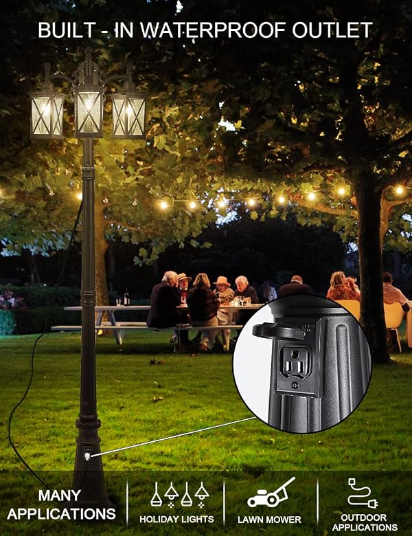 CMRCOZIRA Modern Outdoor Street Light 82.7" H Dusk to Dawn 3-Head Post Lights Outside with Outlet Waterproof Outdoor Lamp Post Lights Street Lantern 3 Light in Black for Exterior Yard by CMRCOZIRA - Image 5