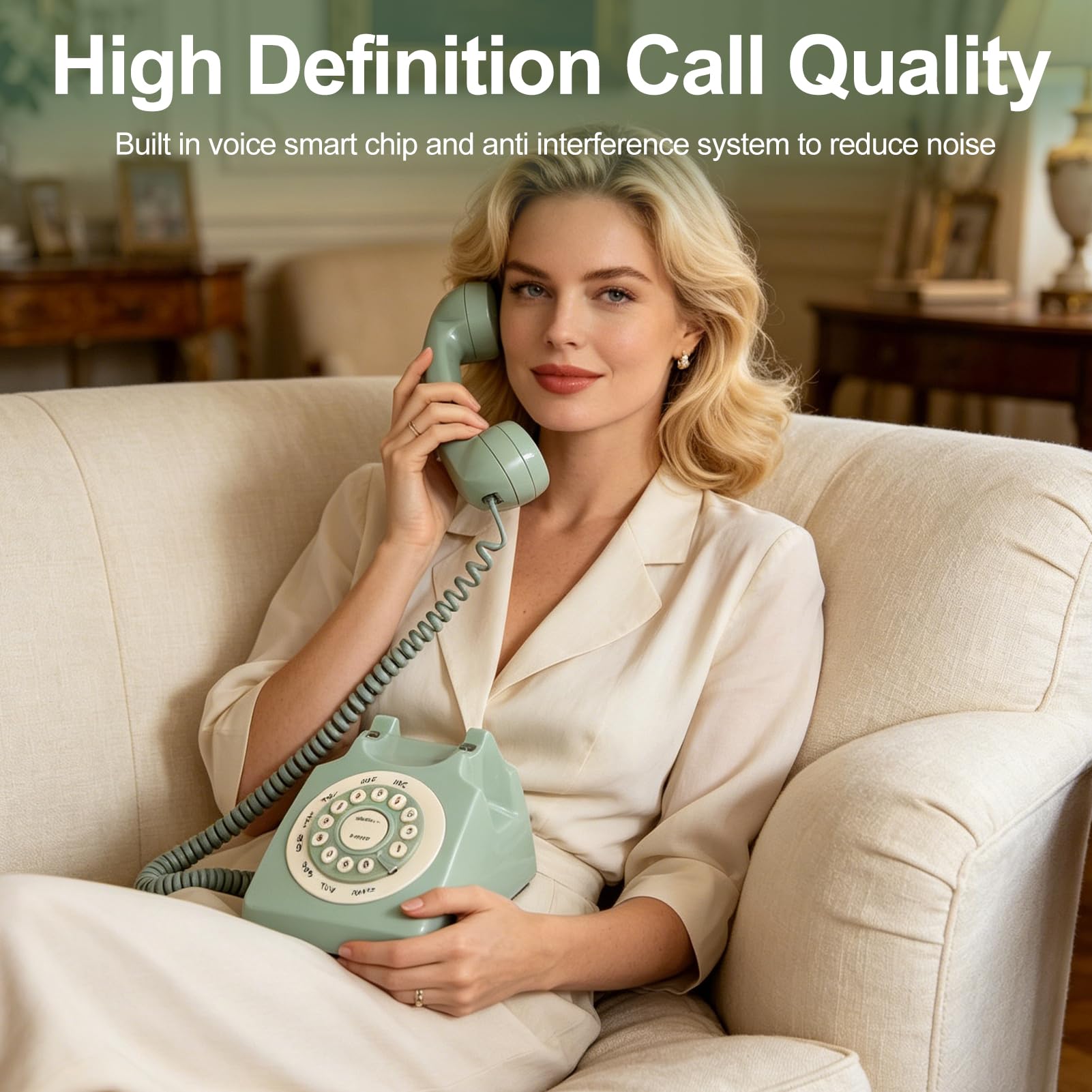 Telefono Vintage Europeo Antico, Telefono Fisso Verde con Grandi Tasti Trasparenti e qualità delle Chiamate Ad Alta Definizione, Ideale per Casa e ufficio.