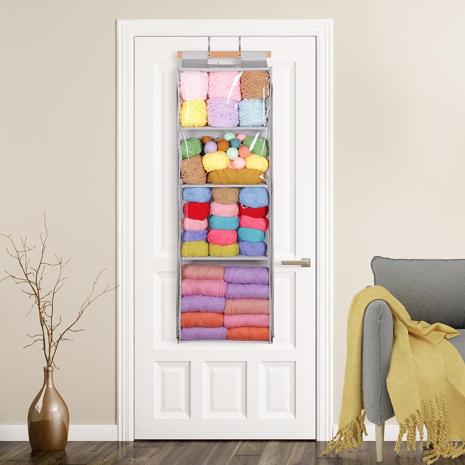 LOVEGRASS Yarn Storage Organizer with 4 Large Pockets, Clear Yarn Organizer and Storage with Zippers for Crochet Lovers, Hanging Yarn Storage with Over-Door Hooks for Knitting Needles Crochet Hooks