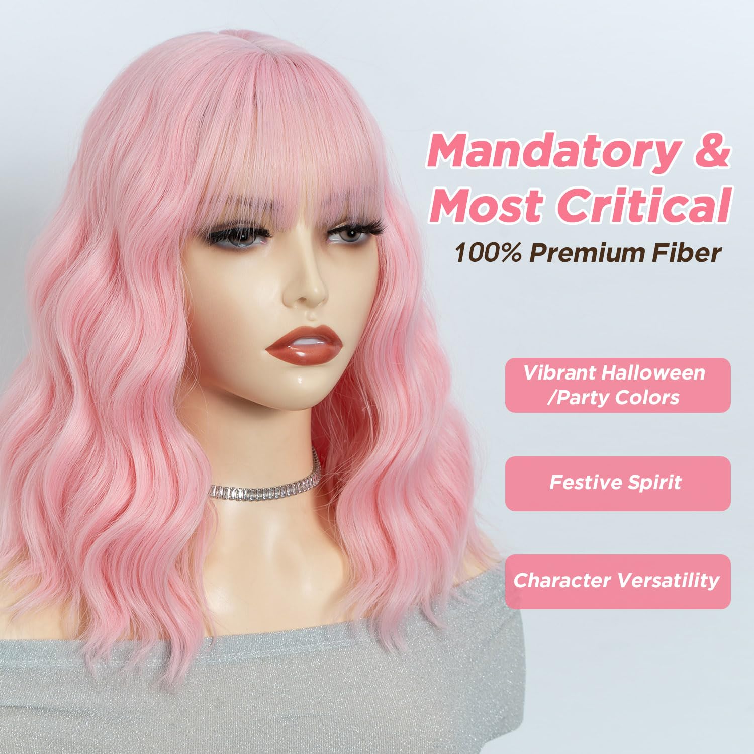 NOBLE Pink Wig Bob Wig with Bangs Short Loose Wavy Wigs for Women Shoulder Length Heat Resistant Synthetic Hair Bob Wavy Colored Wigs for Halloween Cosplay 12 Inches - Image 4