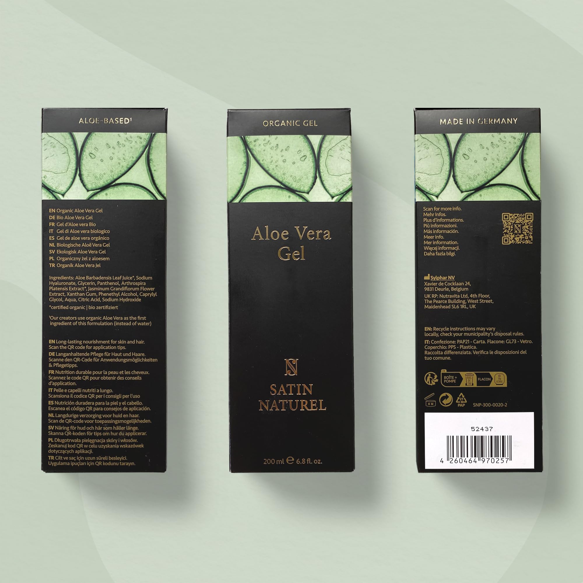 Satin Naturel Gel Aloe Vera Bio 200 ml – 100% Vegan & Cosmétique Naturelle – Gel d’Aloe Vera Concentré – Avec Acide Hyaluronique & Panthénol – After Sun & Soin Hydratant Visage, Corps & Cheveux