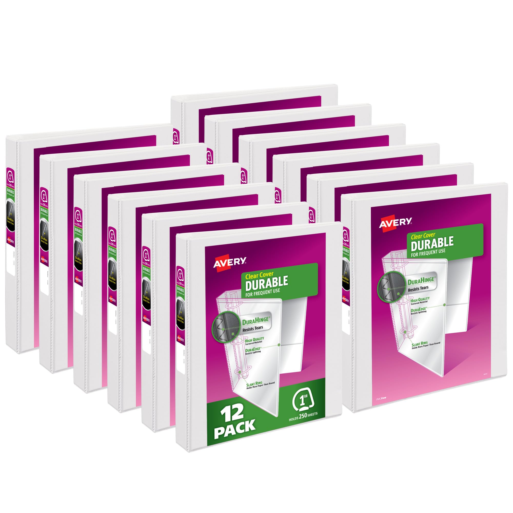 Avery Durable View 3 Ring Binders for Home, School Supplies, Office, or Organization Needs, 1" Slant Ring, 12 Pack White Binders (17012)