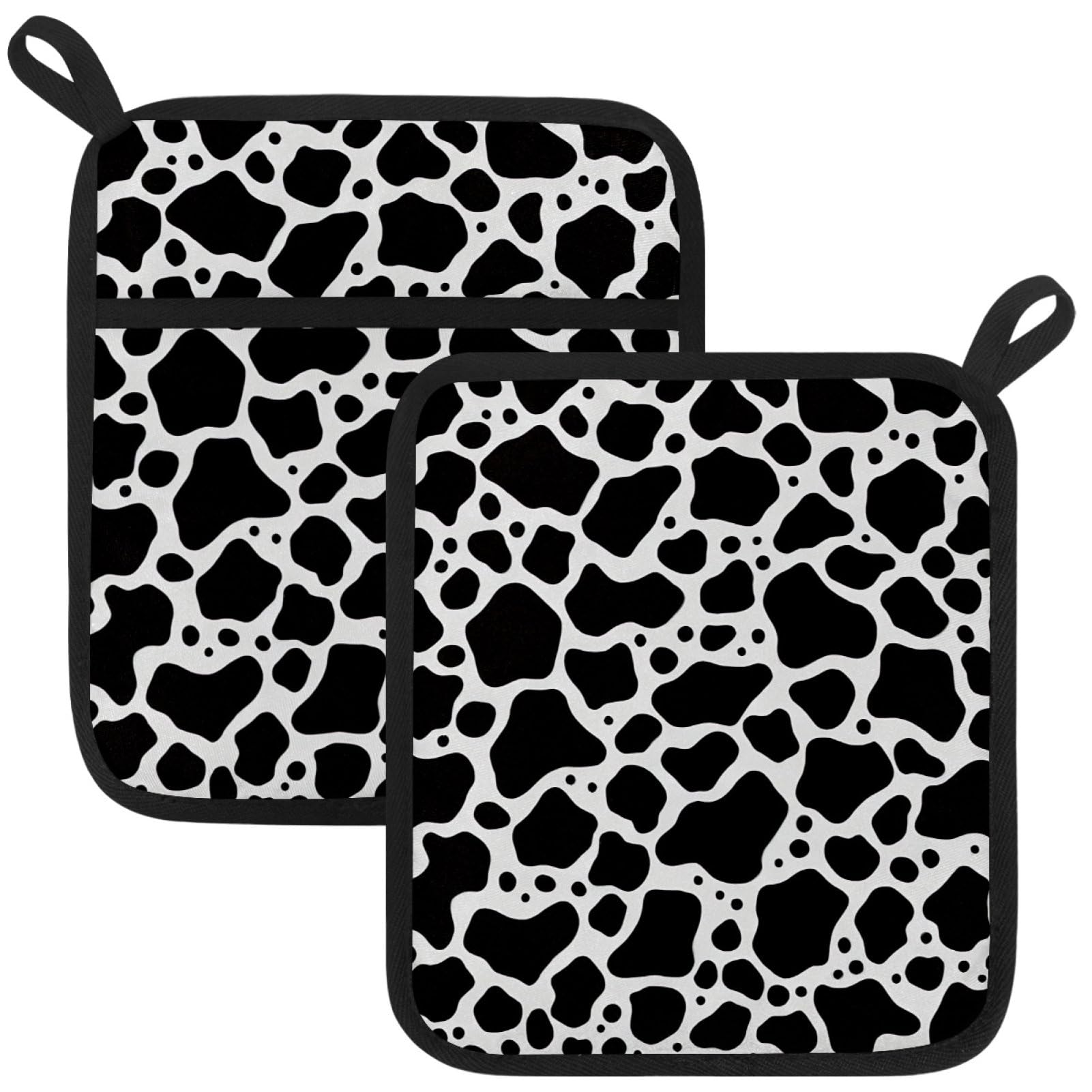 VAPOKF Cow Texture Pot Holders with Pocket for Kitchen Heat Resistant Potholders Large Polyester-Cotton Square Oven Mitts Set