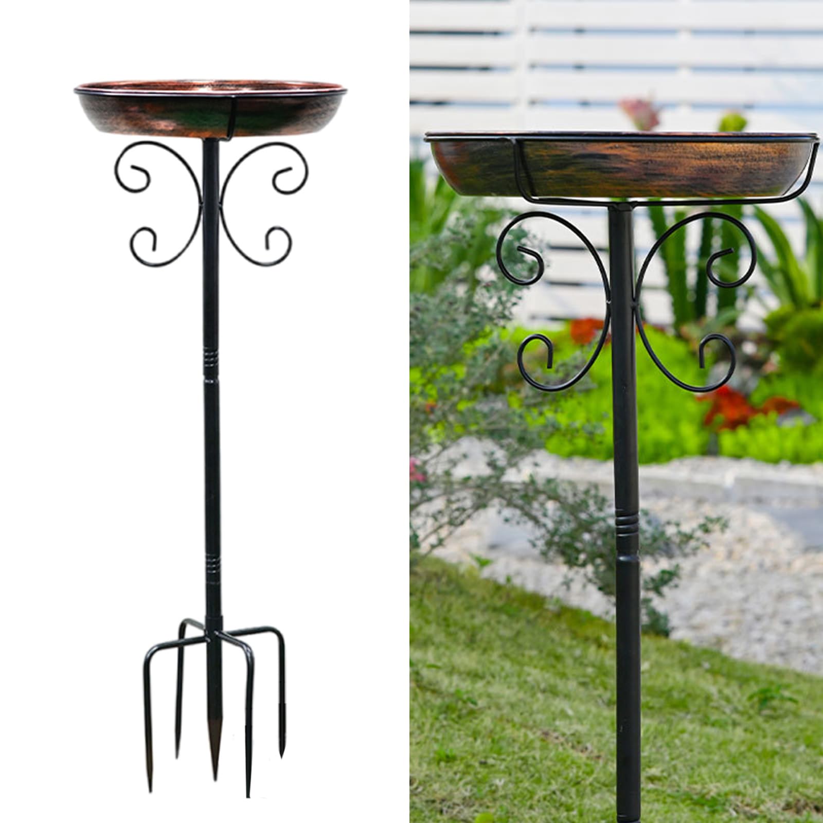 Baignoire à oiseaux vintage en métal sur piquet pour jardin, terrasse, cour avec 4 dents améliorées