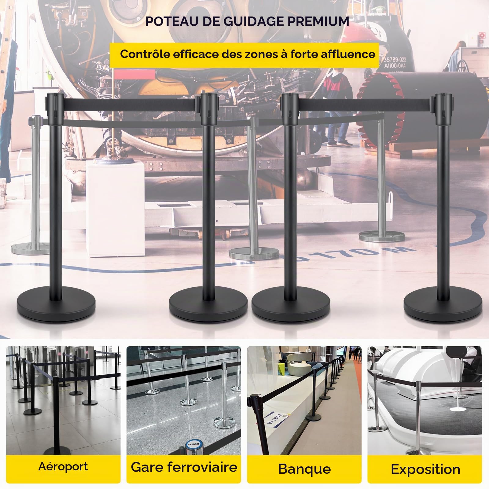 VEVOR Poteau de guidage, 4 pcs, barrière de balisage pour contrôle de foules avec sangle rétractable noire 2 m, ruban de barrière, support de barrière avec base en béton et métal, pour théâtre, hôtel