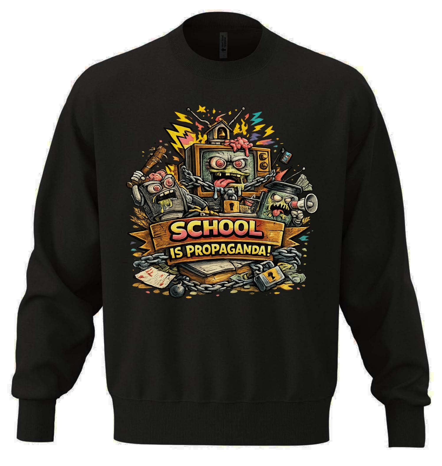 Chaotic Media and Education Commentary Unisex Oversize Mieszanka Bawełny Ciężka Bluza Czarna