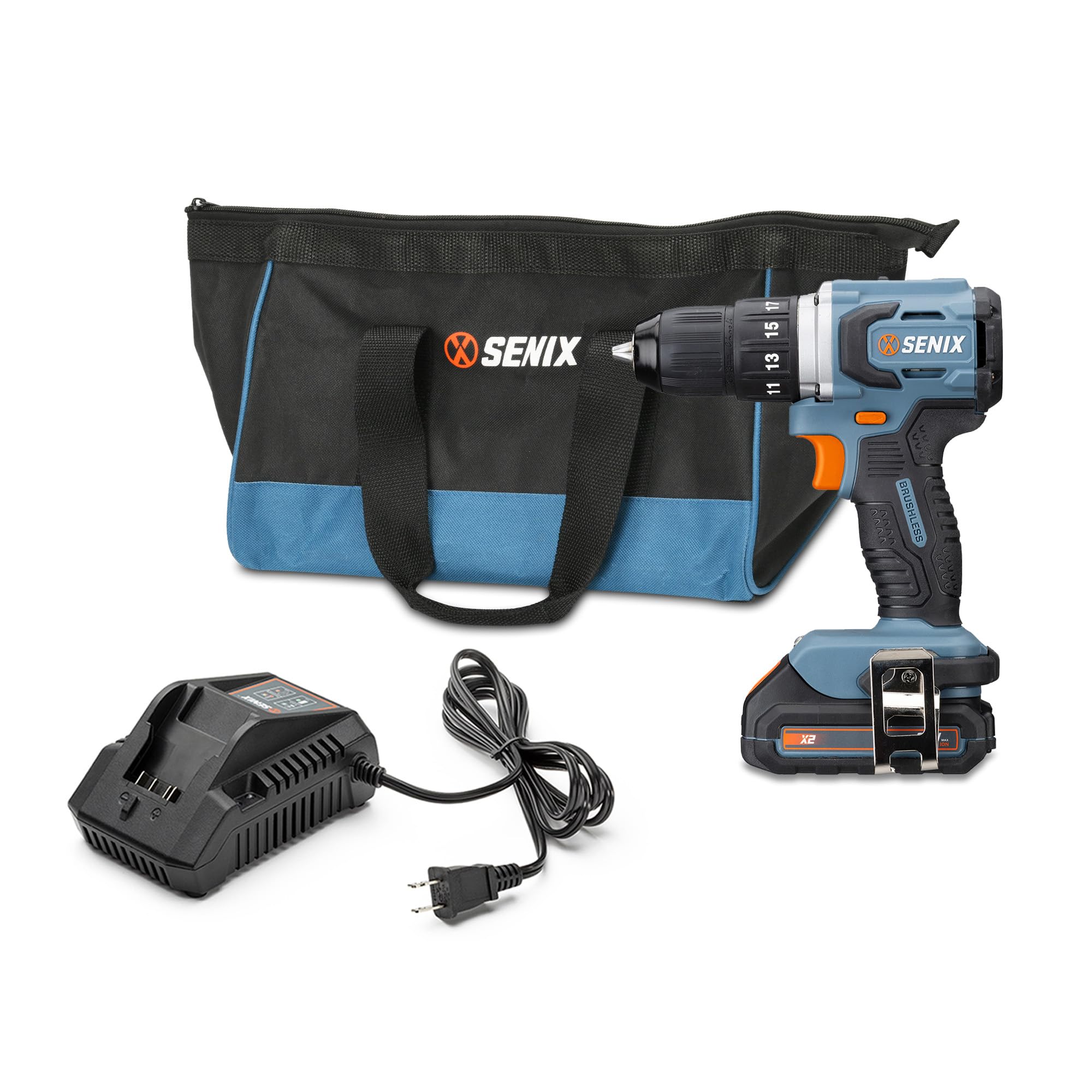 SENIX PDDX2-M2 20 Volt Max* X2 1/2-Inch Cordless Drill Driver Tool Set, Brushless Motor, 45 Foot-Pounds of Max Torque, 2000 RPM Max, 2-Speed, Includes Soft Bag, 2.0 Ah Battery and 2 Amp Charger