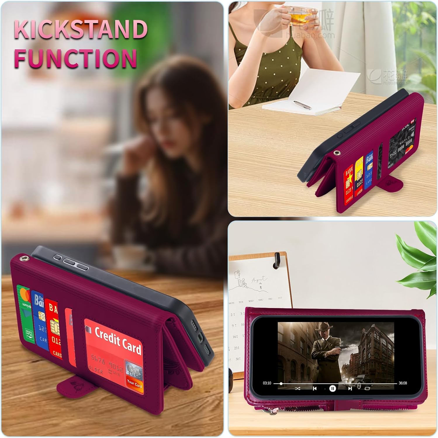 Lacass for iPhone 16 Case Wallet,Compatible with MagSafe Magnetic 2 in 1 Magnetic Detachable PU Leather RFID Blocking Wallet Cover Card Holder Zipper Wrist Strap Lanyard,Floral Wine Red - Image 4