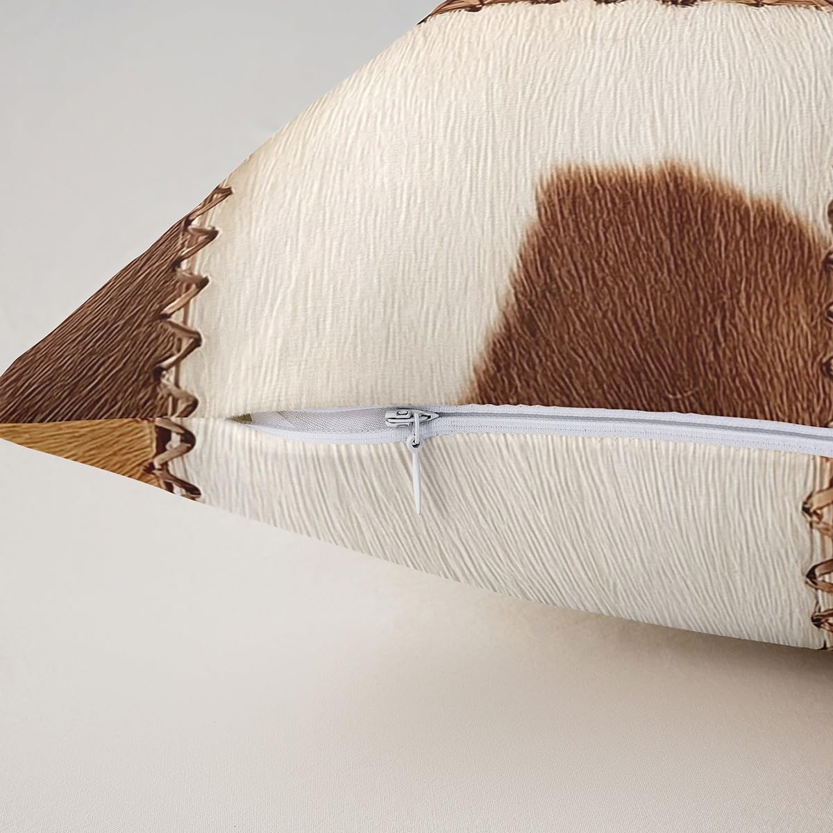 2Pcs of (Not Real)Cowhide Throw Pillow Covers 24x24,Patchwork Cow Fur Print Decorative Pillow Covers For Outdoors Car,Farm Plaid Grid Pillow Covers Cow Decor,Western Cowboy Cushion Covers,Brown White