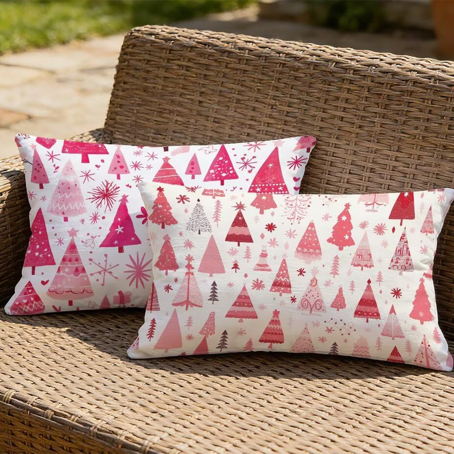 2 Housses de coussin de jardin 40x80 cm imperméables rose texture lin housse extérieur M-P460