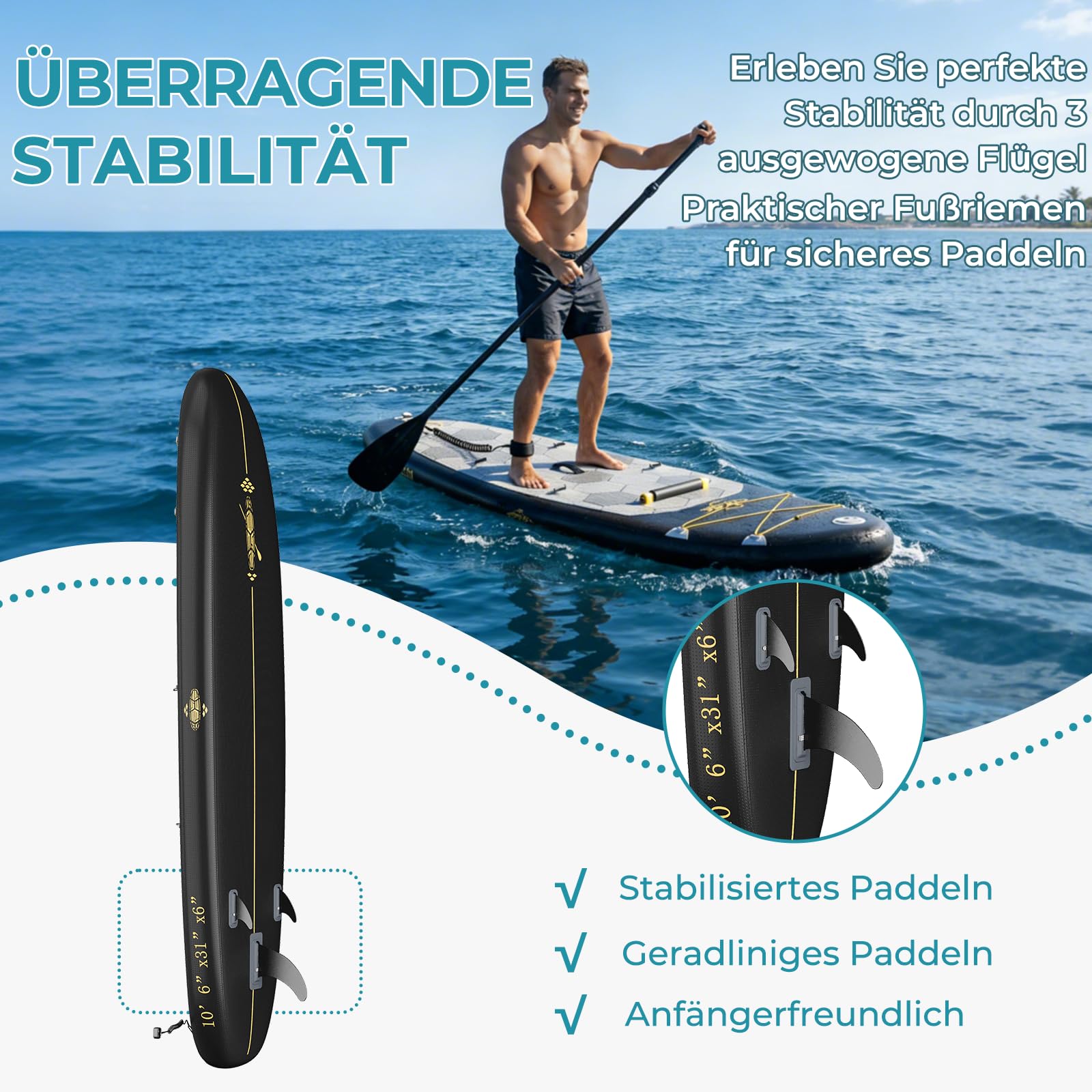 TRIUMPHKEY Aufblasbares SUP Board, Stand Up Paddling Board, Aufblasbare Stand Up Paddle Board mit Zubehör, Paddel, Finnen, Pumpe,330 * 76 * 15cm, Bis 130kg