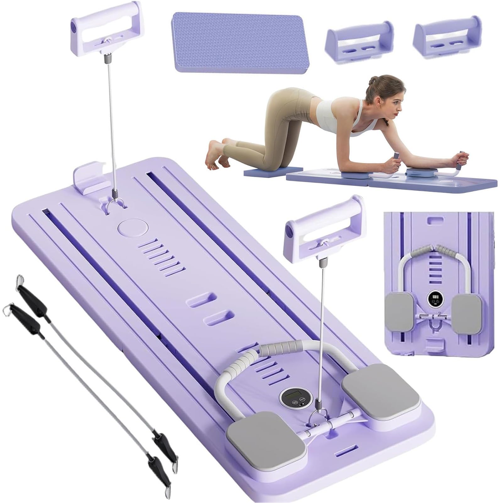 ExeractFit Pilates Reformer Machine Board Set Ab Roller Exercise Wheel Automatic Rebound Foldable Pilates Board Abdominal Exercise Equipment with Resistance Rope and Timer