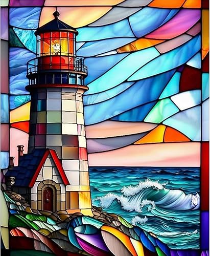 DIYDECORFUN Kits de pintura de diamantes de faro de vidrieras para adultos, kits de arte de diamantes 5D para principiantes, pintura de puntos de