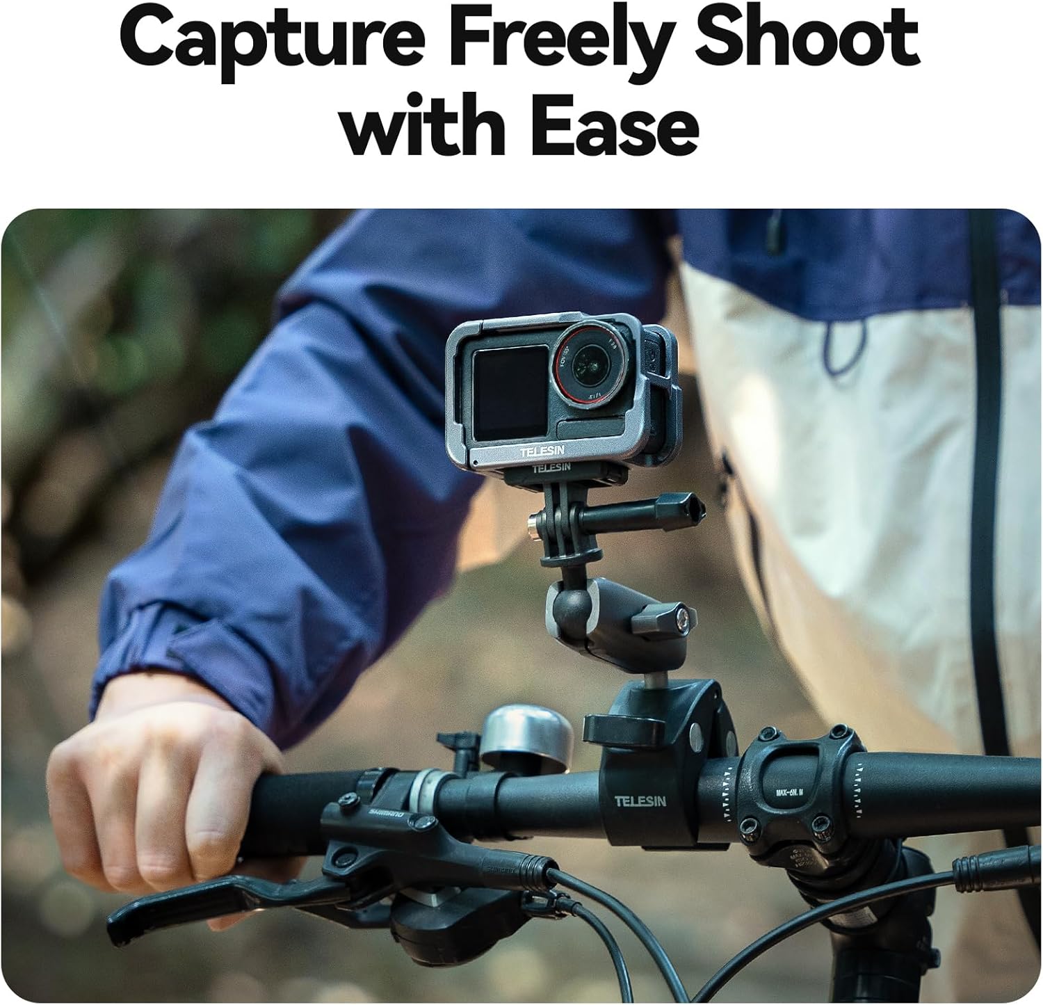 Person using DJI Action camera in TELESIN cage mounted on a bicycle handlebar