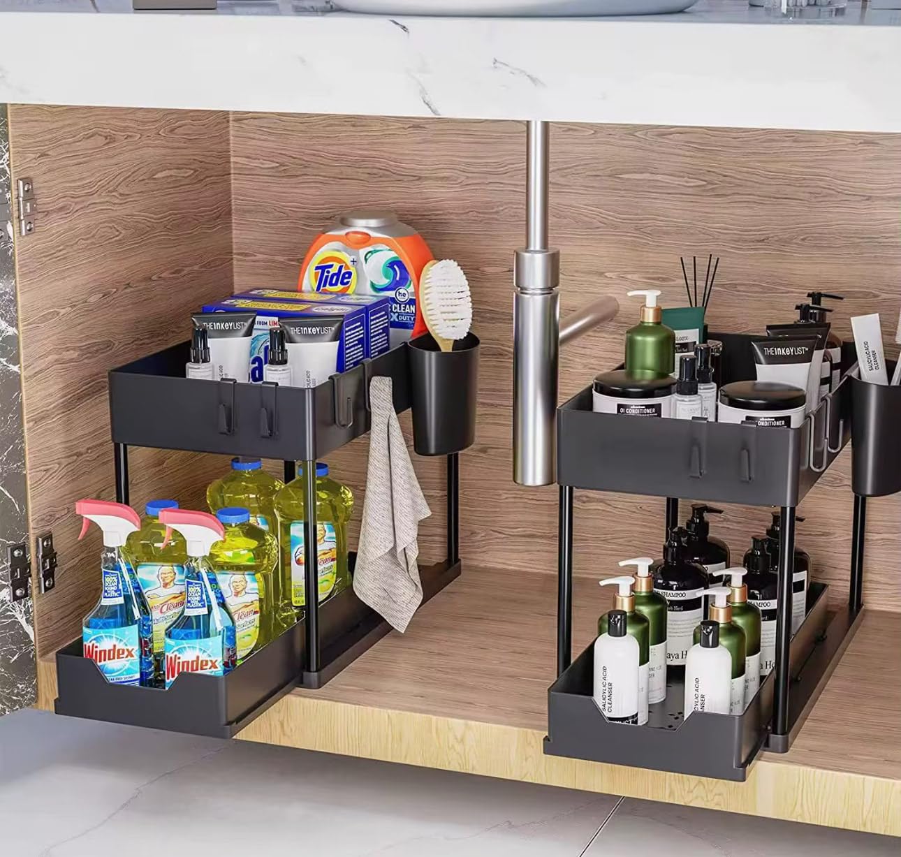 2 Packs of Under Sink Organizers with Storage, Slide Out Pull Out Cabinet Organizer Shelf, Metal Sliding Drawer for Kitchen Bathroom Pantry Cabinet Closet Organization Rack