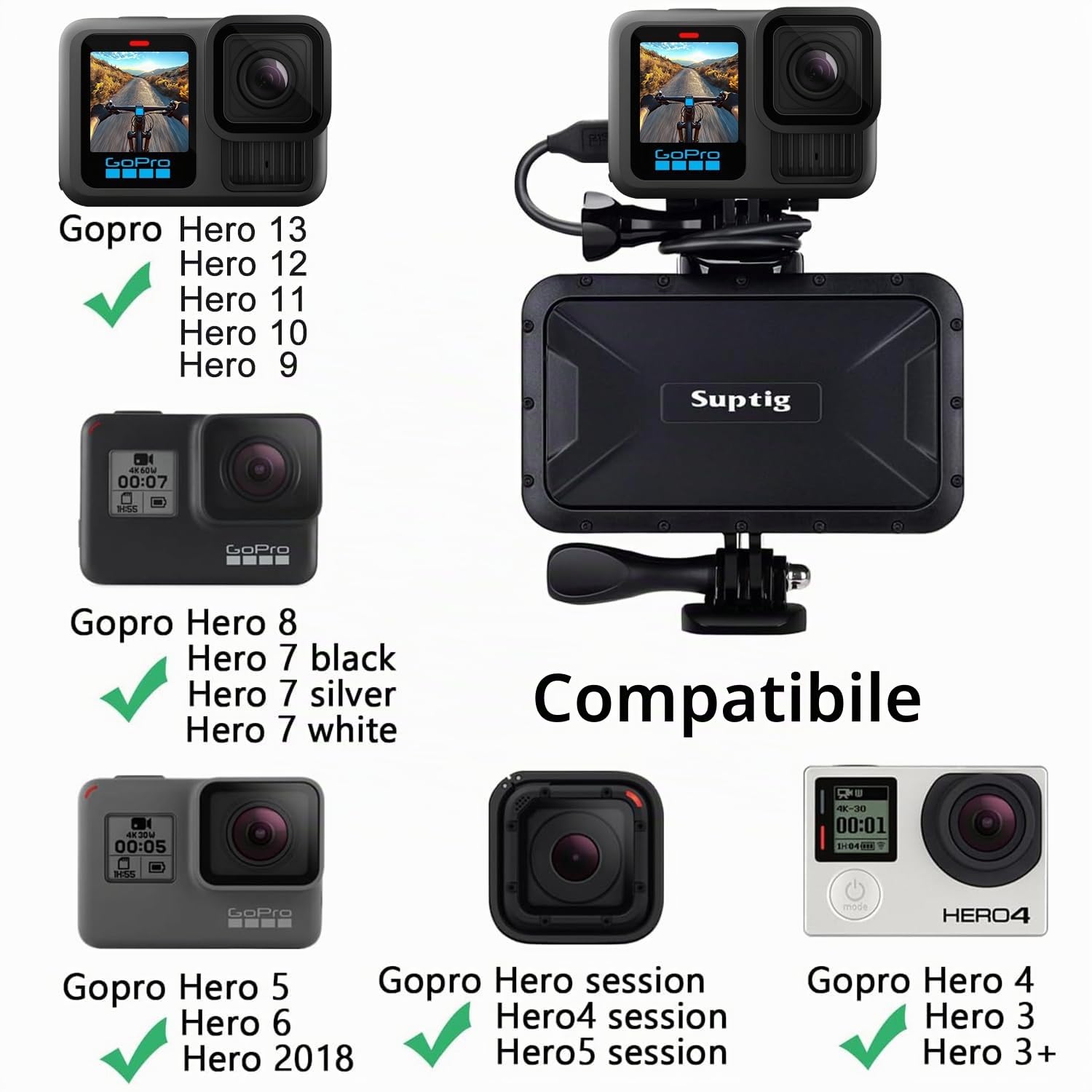 Suptig Caricabatterie portatile, 7800 mAh, impermeabile, compatibile con GoPro Hero 13, Hero 12, Hero 11, Hero 10, Hero 9/8/7/6/5/4/3, Hero Session Hero + fotocamera digitale DJI Osmo e smartphone
