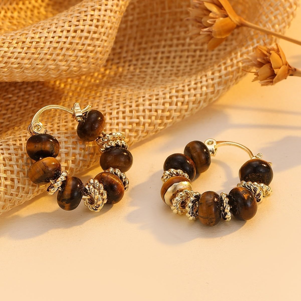 18K Gold Plated, Tiger Eye Beaded Hoop Earrings for Women – Small Brown Resin & Gold Textured Bead Statement Hoops – Elegant Boho Jewelry for Daily Wear or Gifts - Image 3