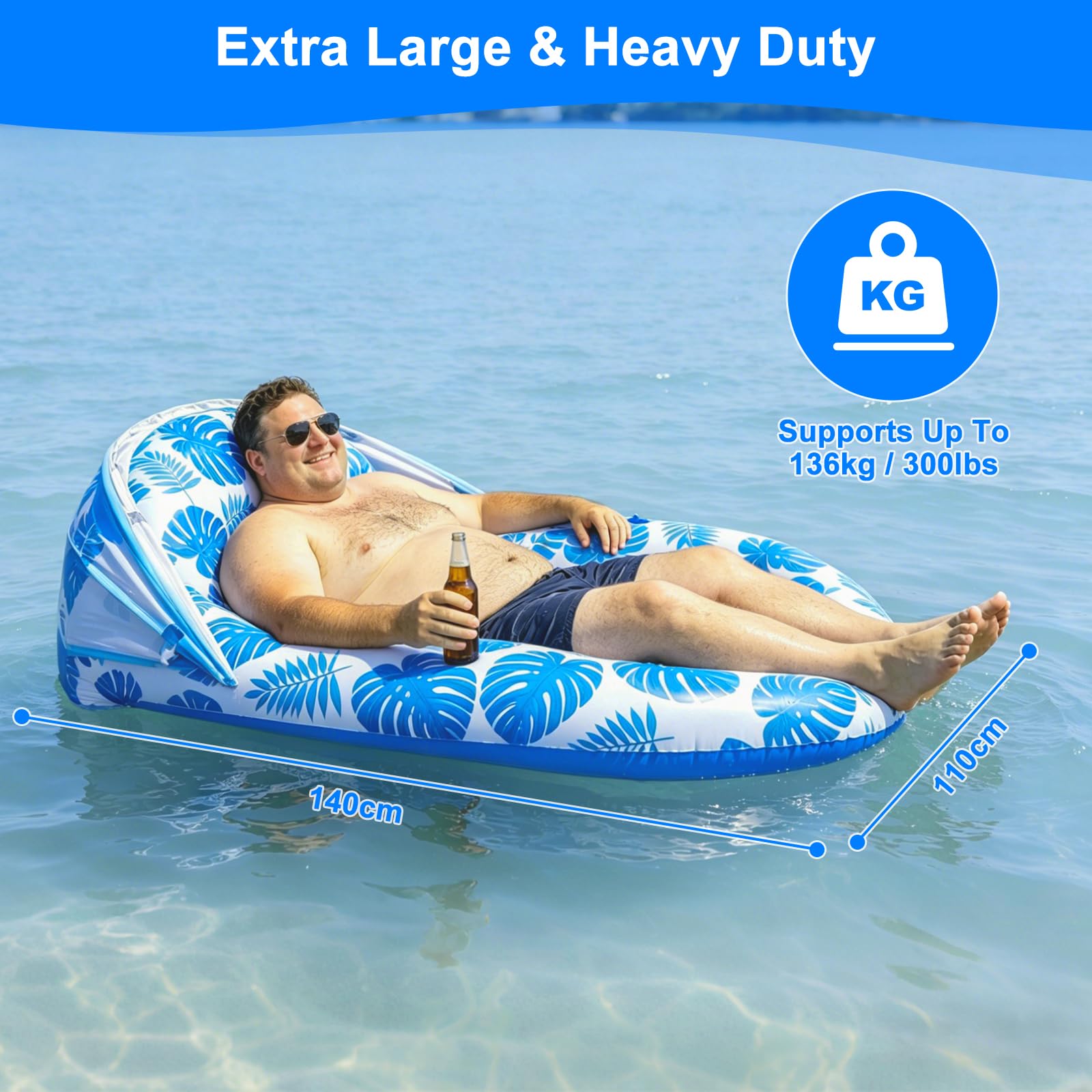 Flotador Tipo Tumbona con Toldo UPF50+, 140x110CM Extra Grande para Adultos, Resistente, Inflable con Posavasos y Soporte para Móvil, Respaldo y Reposapiés