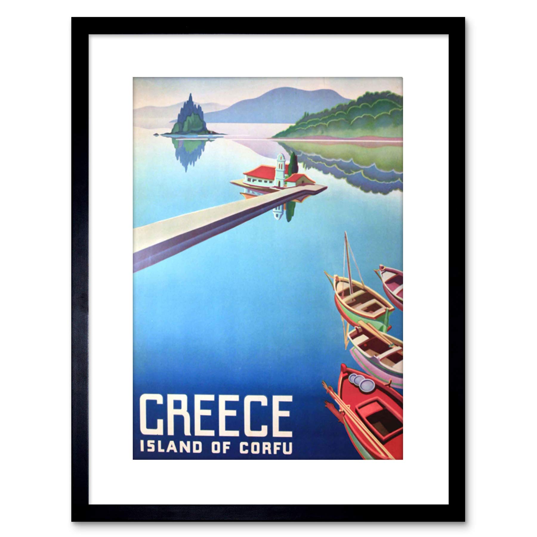 Wee Blue Coo 9x7 '' CORFU GREECE BOATS PIER FRAMED ART PRINT PICTURE MOUNT PHOTO F97X1248