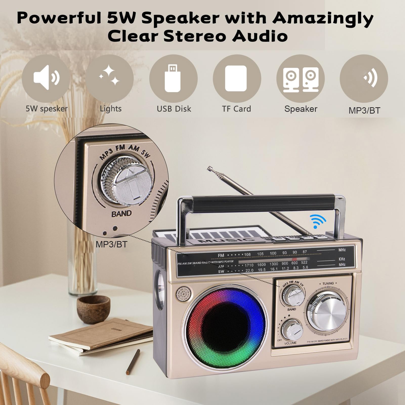 Haut-Parleur Radio BT Portable, Lampe de Poche LED Stéréo 5 W, Radio Extérieure FM AM SW avec Véritable Stéréo sans Fil pour la Maison, Le Camping, Les Voyages (Gold)