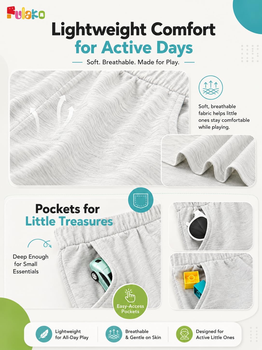 4Pack Shorts for Toddler Boy Pull On Elastic Waistband Baby Boys Summer Active Shorts with Pockets Kids Clothes