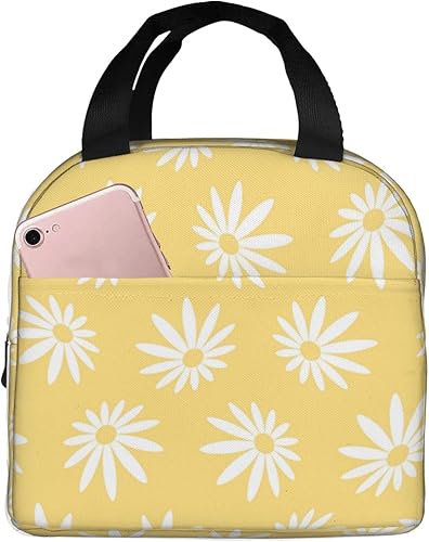 Bolsa de almuerzo blanca con margaritas amarillas, aislada, para adolescentes, escuela, reutilizable, contenedor portátil para niños, niñas, viajes,