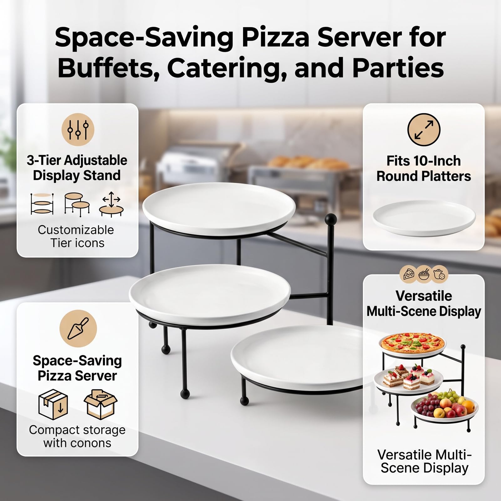 Luocute Support à Pizza à Trois Niveaux, Présentoir Réglable en Métal Noir
