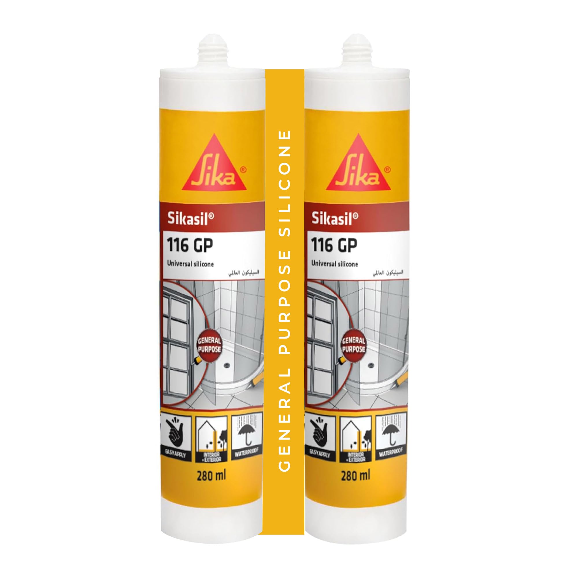 Silicone Sealant for Glass and Tiles, SIKA 116 GP -General Purpose silicone sealant 280 ml, UV and Weather Resistant, Acetoxy Cure, Pack of 2