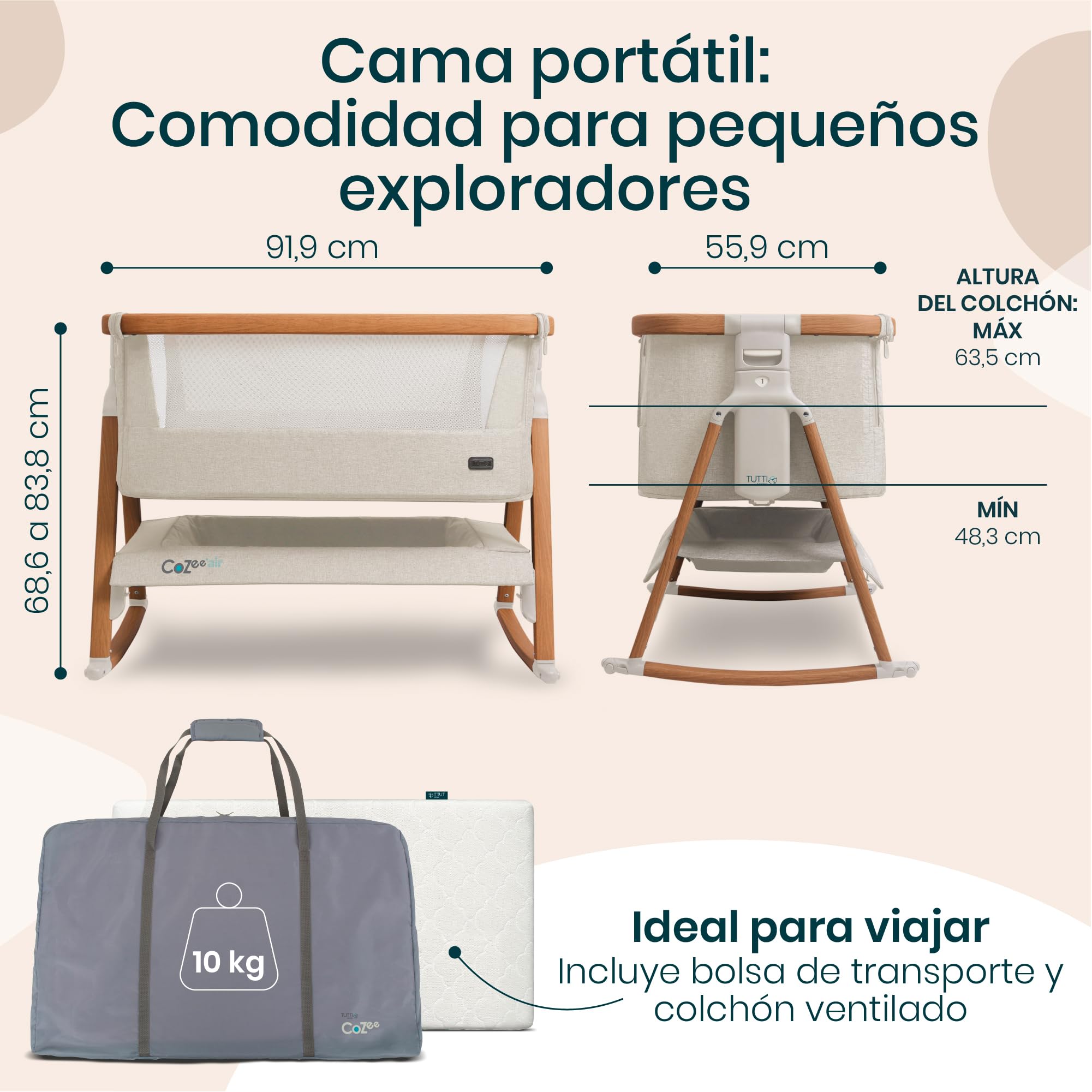 Tutti Bambini CoZee® Air Moisés y Cuna Colecho Bebé - Cama Colecho Bebé - Plegado Rápido - Bolsa de Transporte - Colchón Deluxe Transpirable con 6 Alturas - 0-6 Meses (Nogal y Crudo)