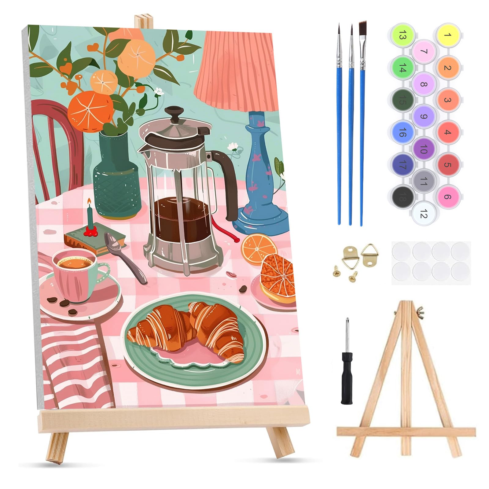 QENSPE Paint by Numbers for Adults on Framed Canvas - with Wooden Easel, Breakfast Painting by Number Kit for Beginners, DIY Coffee Acrylic Oil Painting for Home Wall Decor 8x12 Inch