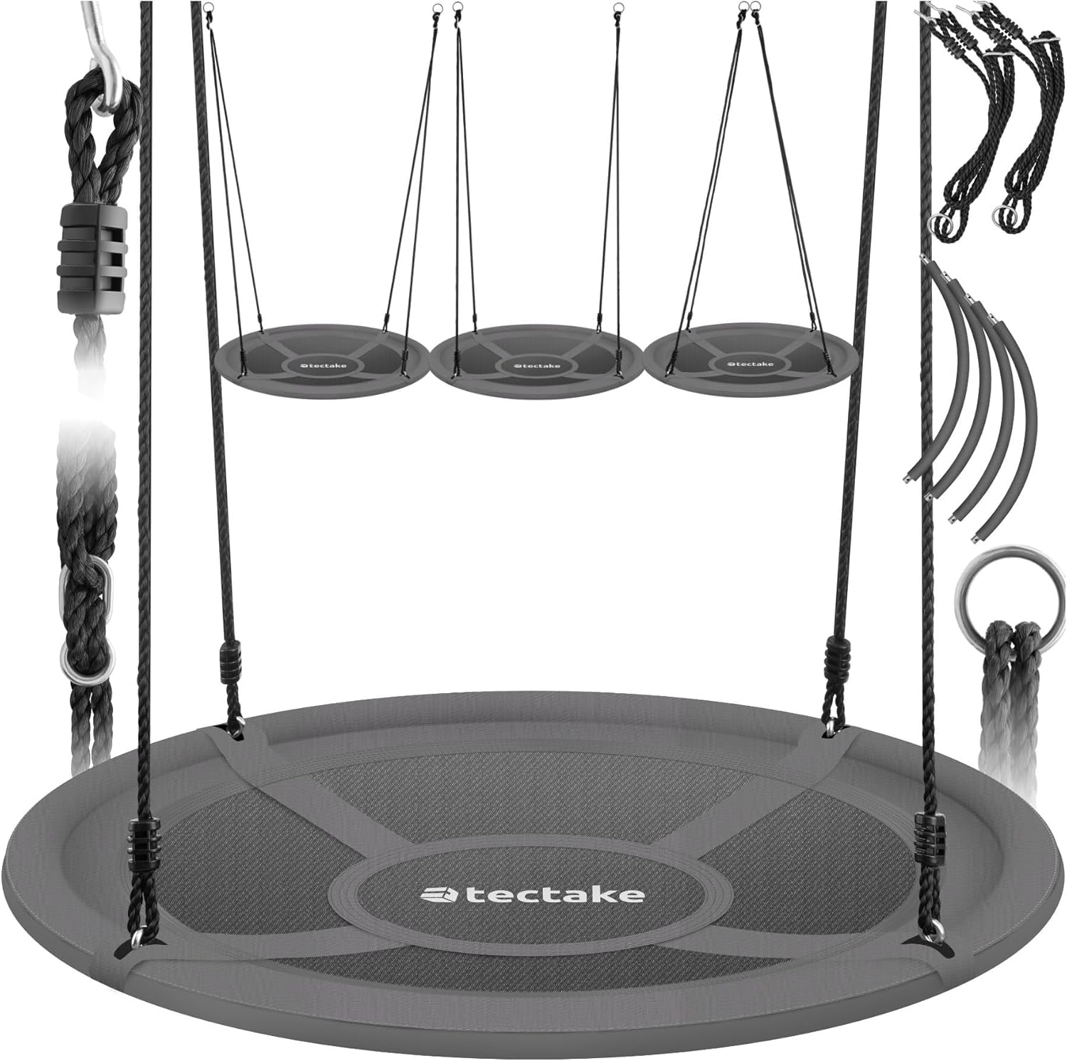 tectake® Columpio Redondo, Resistente a la Intemperie, Columpio Jardin Exterior, Cuerdas Gruesas, Soporta hasta 300 kg, Borde Acolchado, Ajuste de Altura, Silla Colgante Exterior - 120 cm Gris/Negro