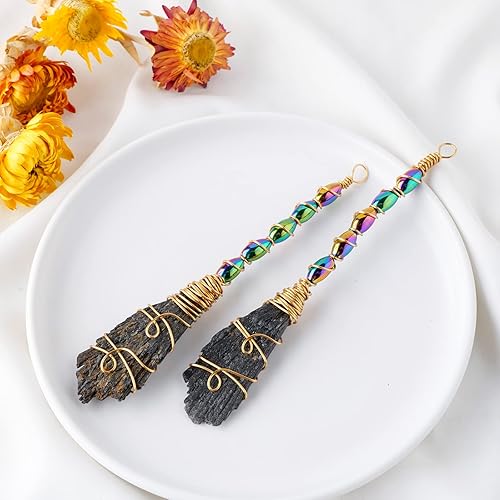 Miniatura 10 de Runyangshi Piedra de cianita natural hecha a mano Escoba mágica galvanoplastia, color negro crudo, turmalina curativa, cristal curativo, forma de