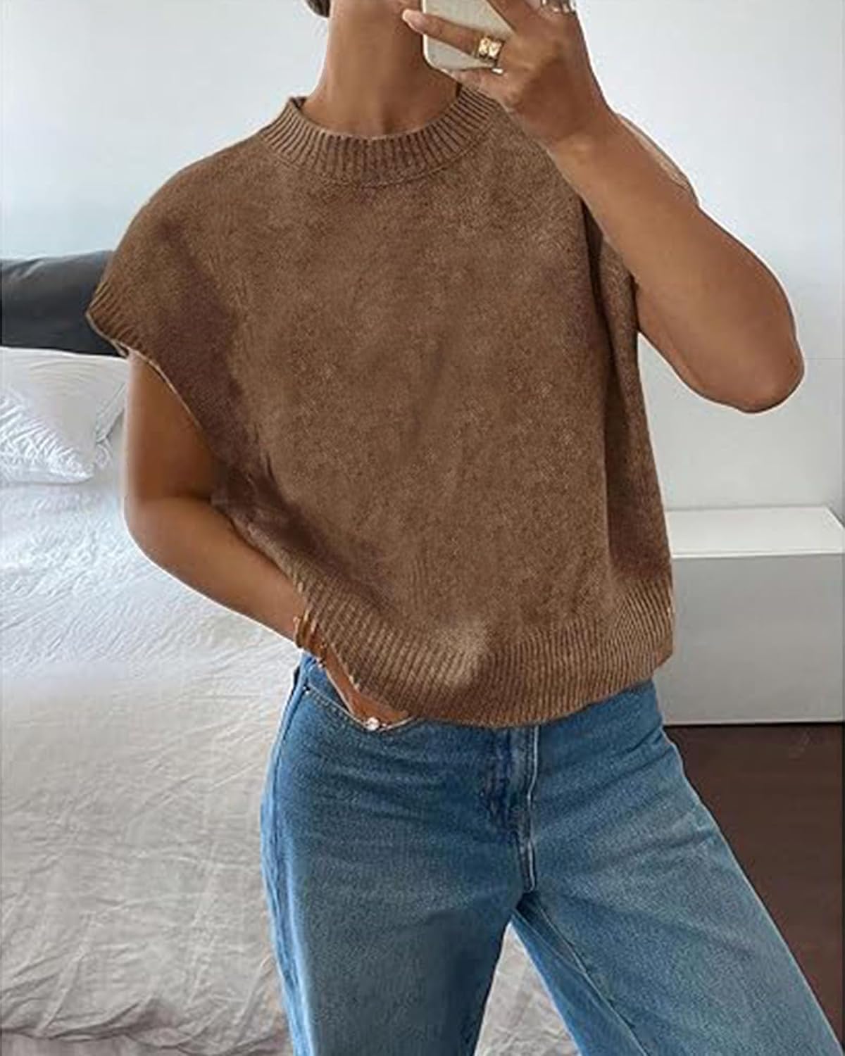 Short Sleeve Sweater for Women Ribbed Crew Neck Loose Fit Knit Pullover Tops - Image 3