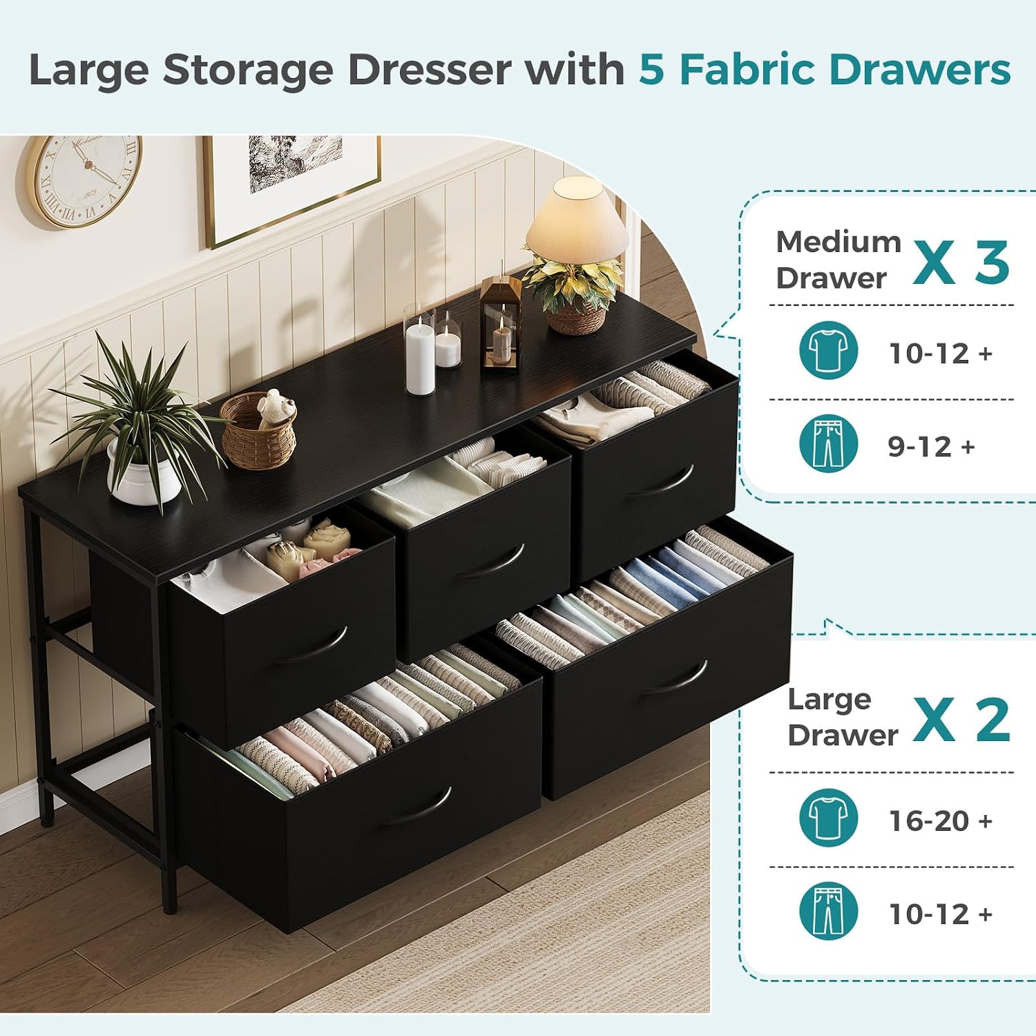 Illustration of the OLIXIS 5-Drawer Fabric Dresser's storage capacity, detailing how many shirts and pants fit in each drawer size.