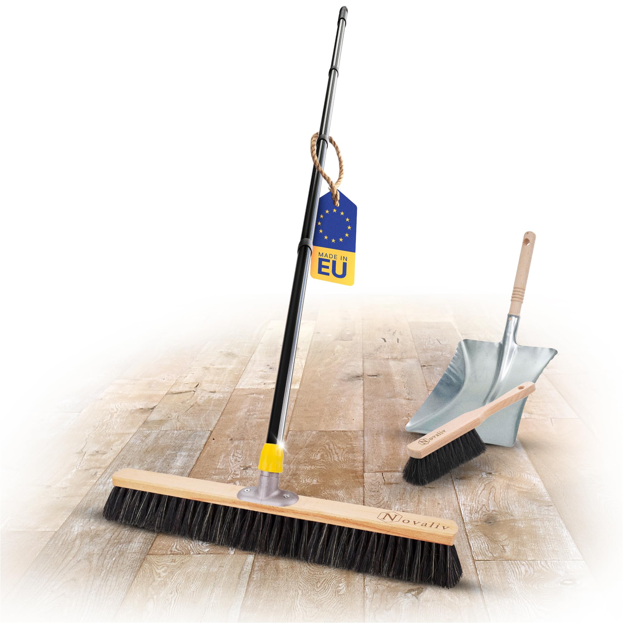 Novaliv Großer Besen 60 cm mit Stiel Haarmischung Saalbesen inkl. Kehrgarnitur verzinkt bestehend aus Kehrblech und Handfeger Besen fein Ideal als Werkstattbesen Hallenbesen Hausbesen mit Stiel