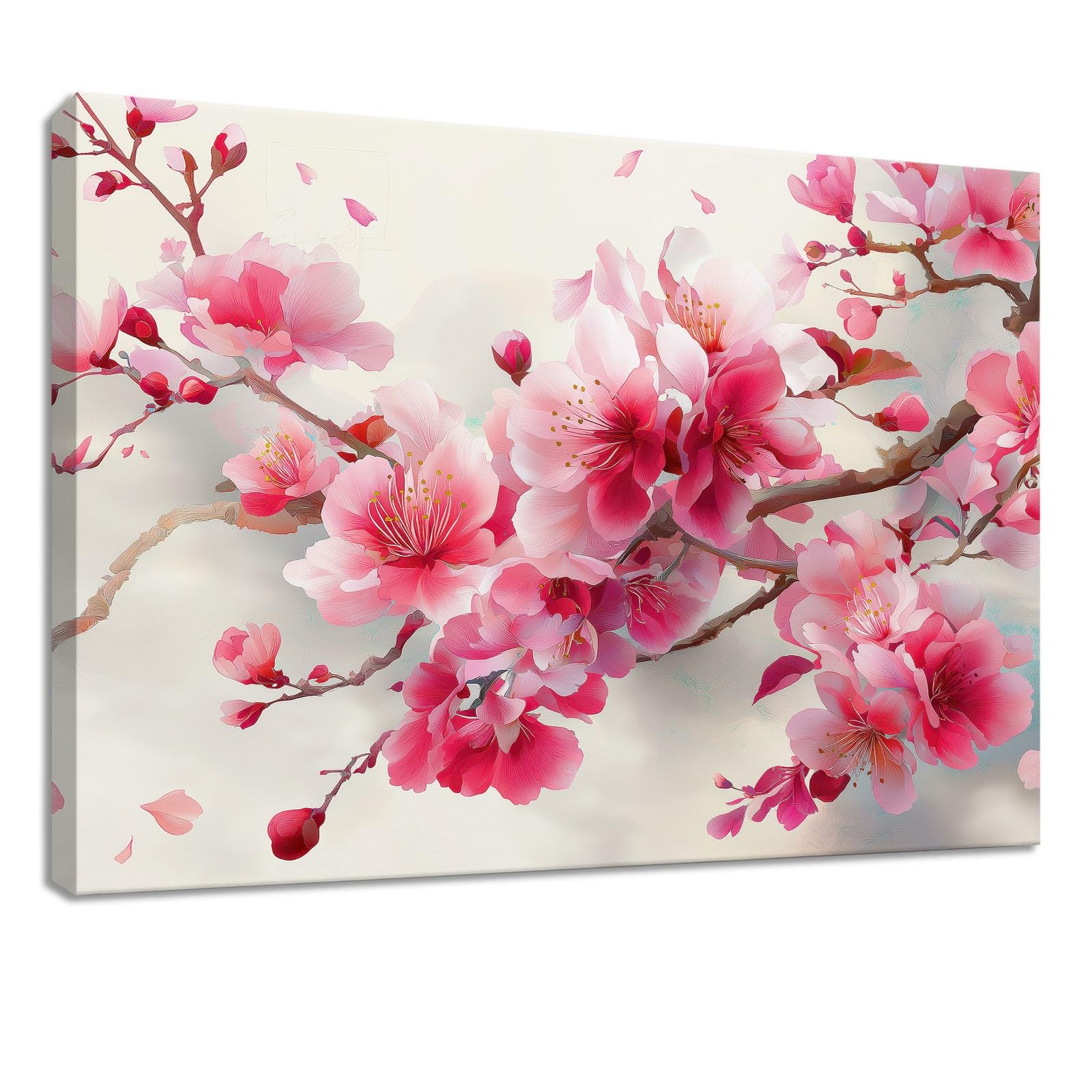 Obraz ścienny orientalny chiński obraz na płótnie - 90 x 60 cm, druk na płótnie z gałązką kwiatową, oprawiona sztuka ścienna do salonu i sypialni, dekoracja ścienna, różowy