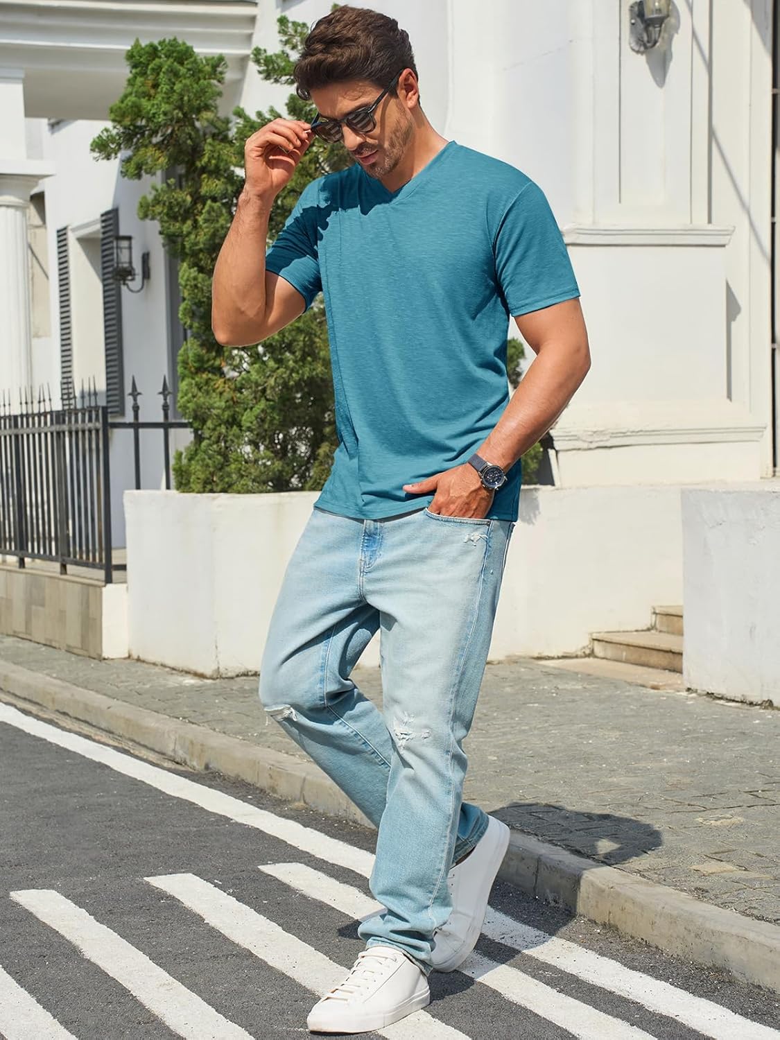 Runcati Mens T-Shirts Short Sleeve V Neck Casual Classic Shirt Summer Stretchy Regular Fit Lightweight Tees - Image 4