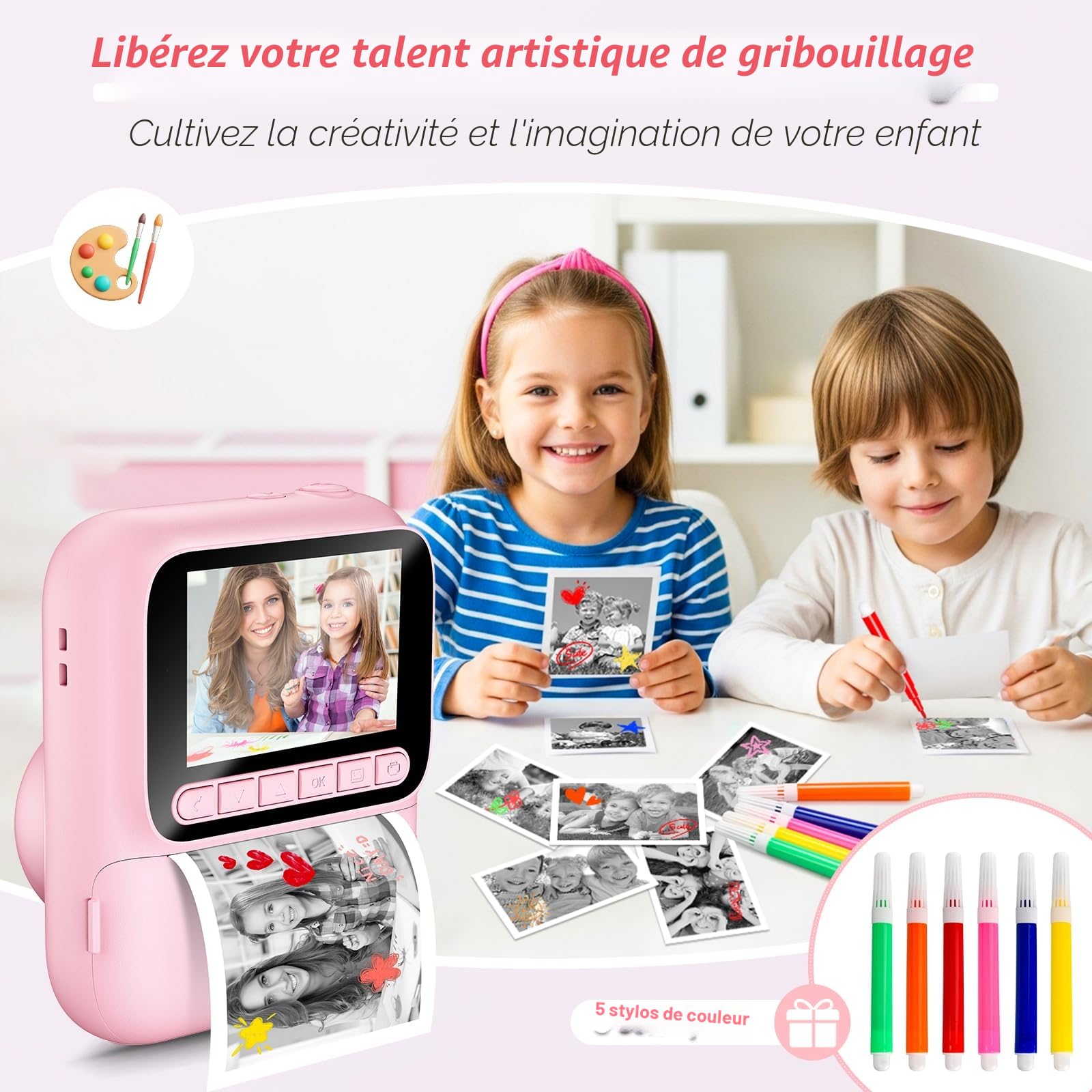 Appareil Photo Instantané Enfants,1080P Appareil Photo Enfant avec 5 Rouleaux de Papier,Carte 32GB et Stylos de Couleur,Appareil Photo Numérique Portable pour Garçons et Filles de 3-14 Ans (Rose)