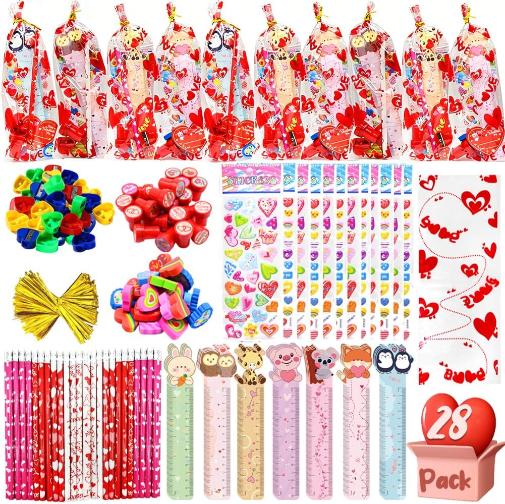 28 Pack Stationery Gift Set, Include Pencil Eraser Sharpener Ruler Stamper Foam Sticker Greeting Card for Kids School Classroom Prize